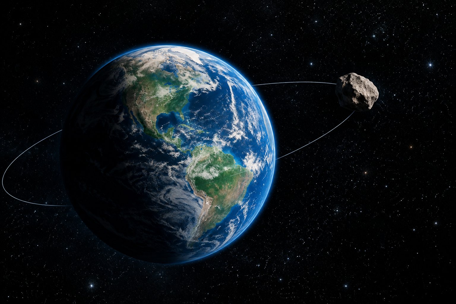 Earth with a small irregular asteroid temporarily orbiting nearby in space.