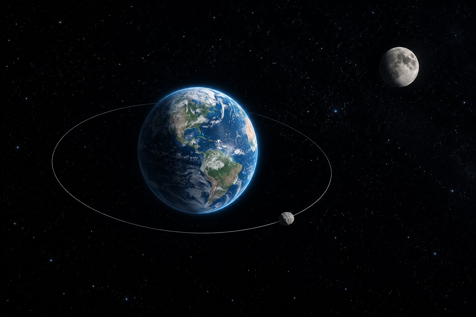Earth with a small rocky asteroid temporarily orbiting nearby, with the Moon visible farther away in space.