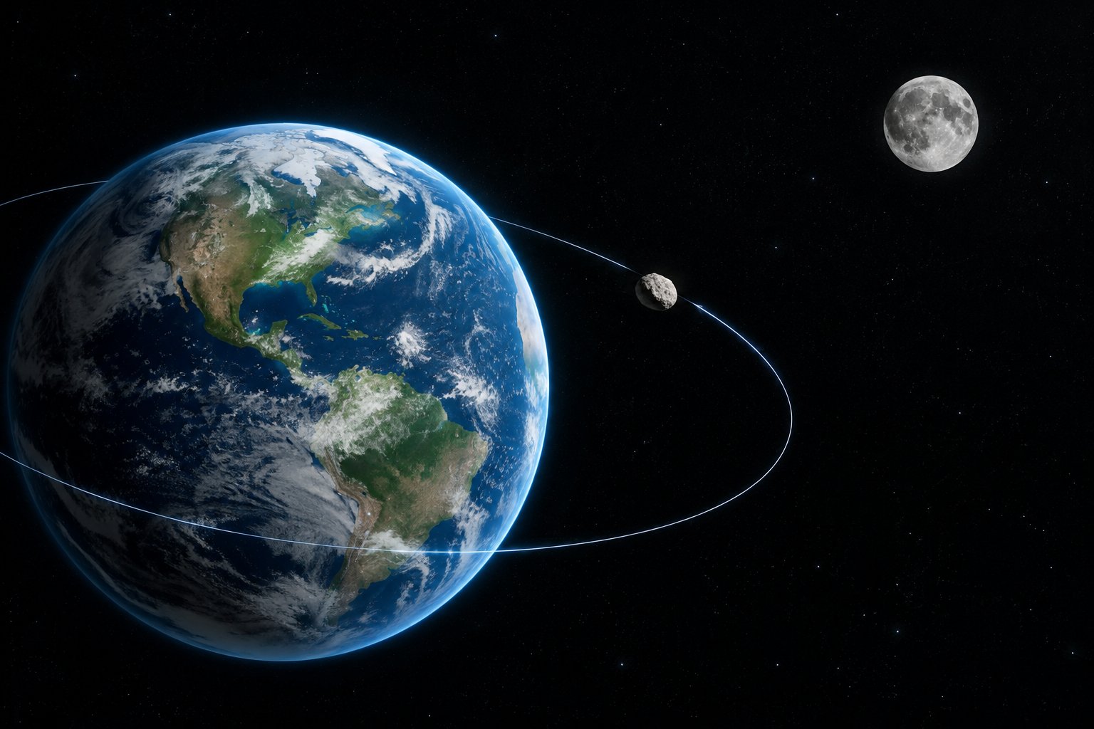 Earth with the Moon and a small asteroid following a temporary nearby orbit.