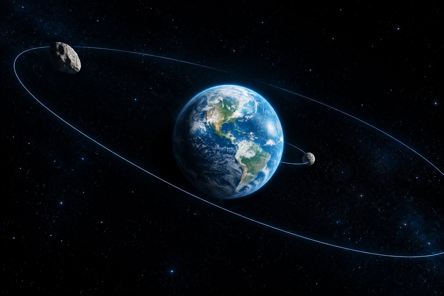Earth in space with two small asteroids following different orbital paths nearby.