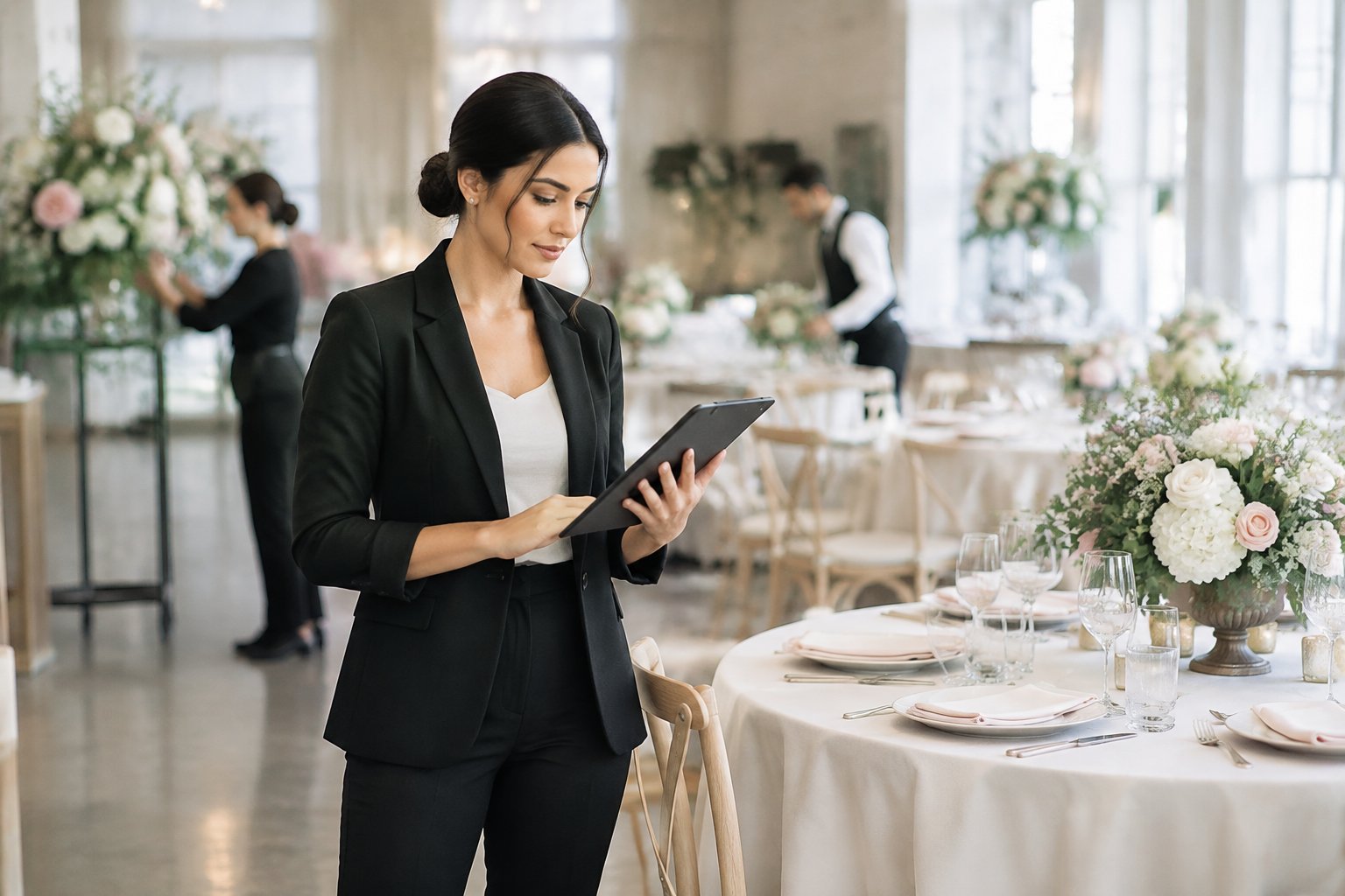 A wedding coordinator organizes reception details while venue staff prepare the decorated space.