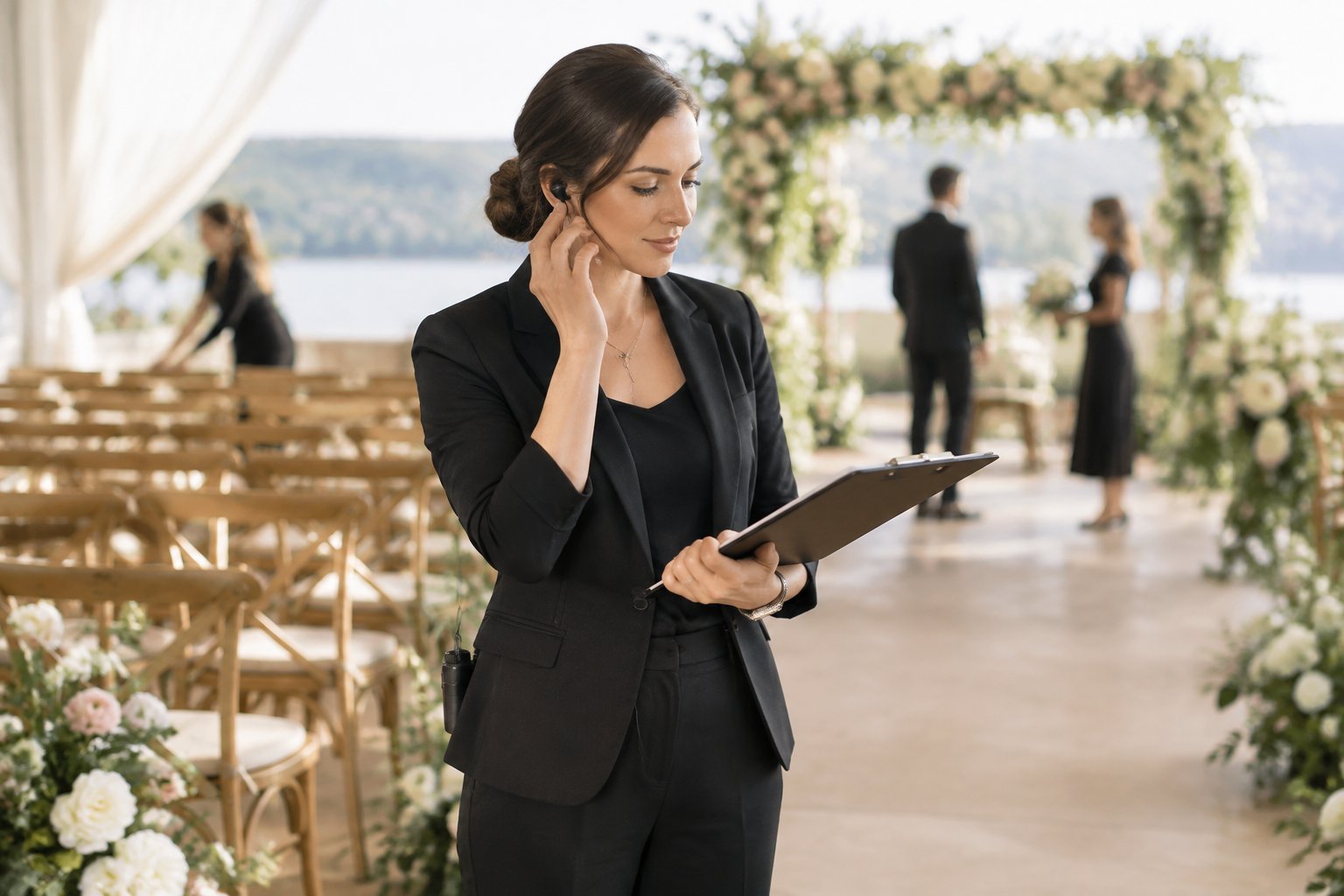 A wedding coordinator organizes final preparations at a decorated ceremony venue while vendors and wedding party members get ready.