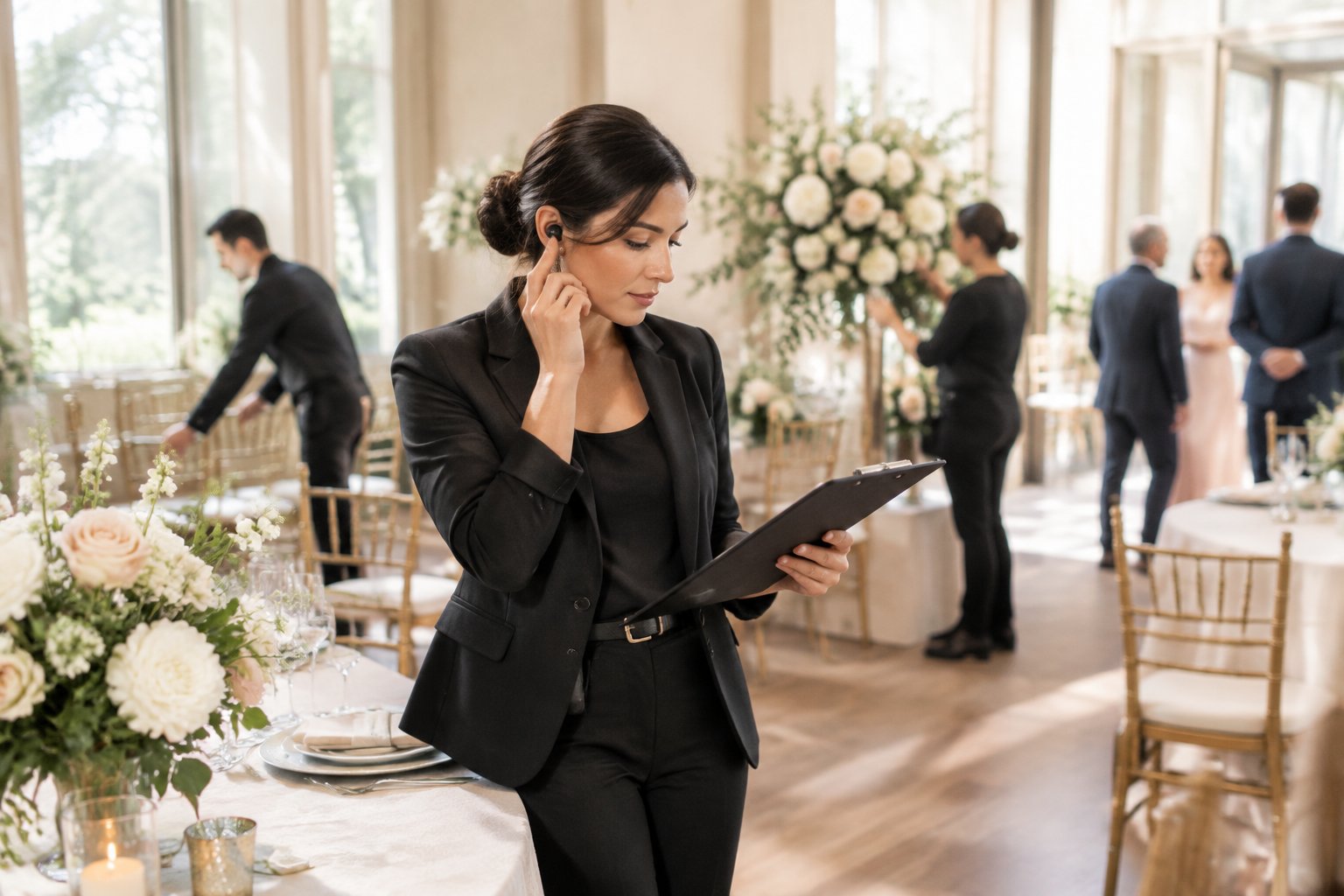 A wedding coordinator manages ceremony preparations while vendors arrange the venue.