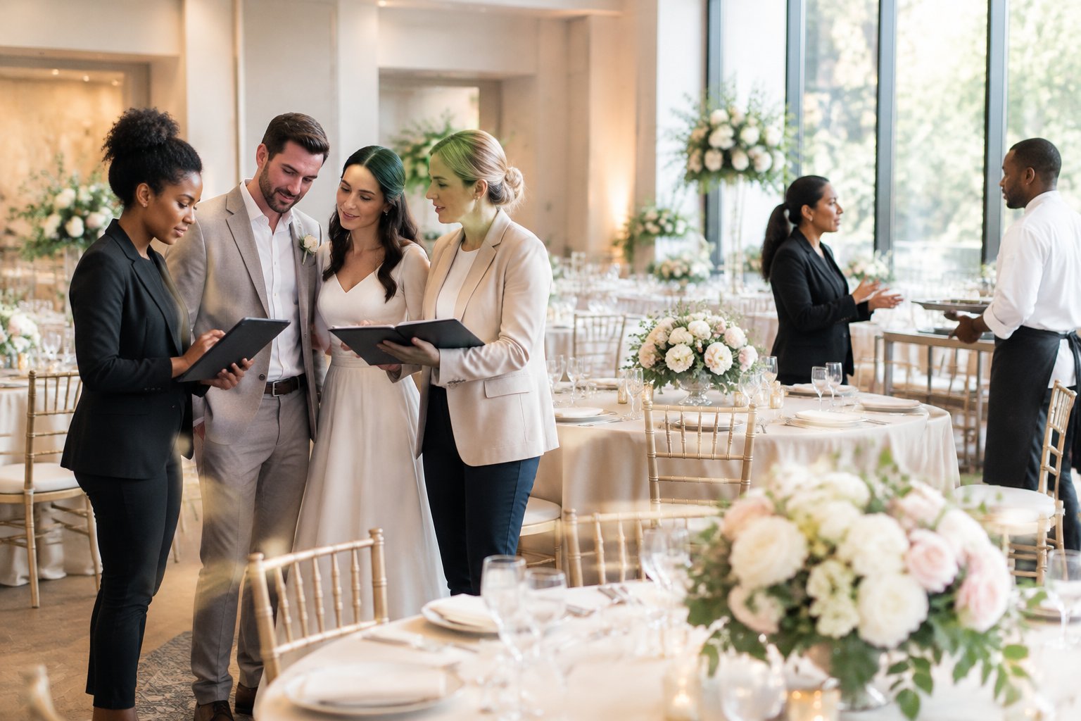 Wedding professionals coordinate reception preparations while a couple observes.