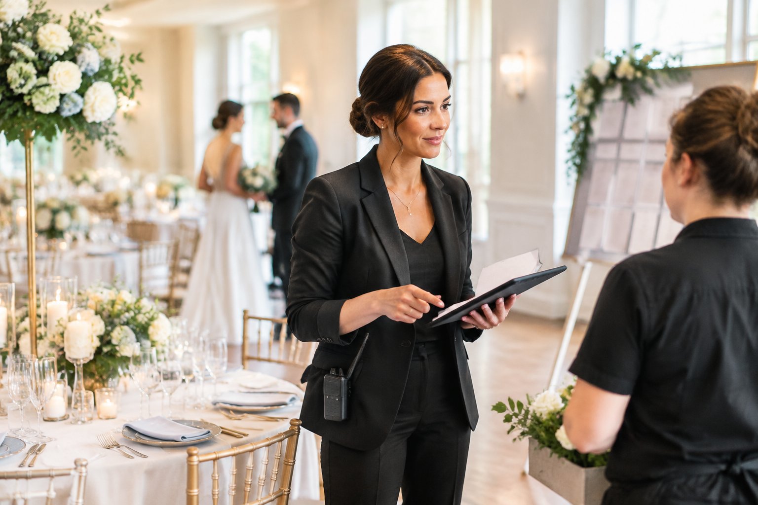 A wedding coordinator organizes details at an elegant reception while the couple and venue appear in the background.