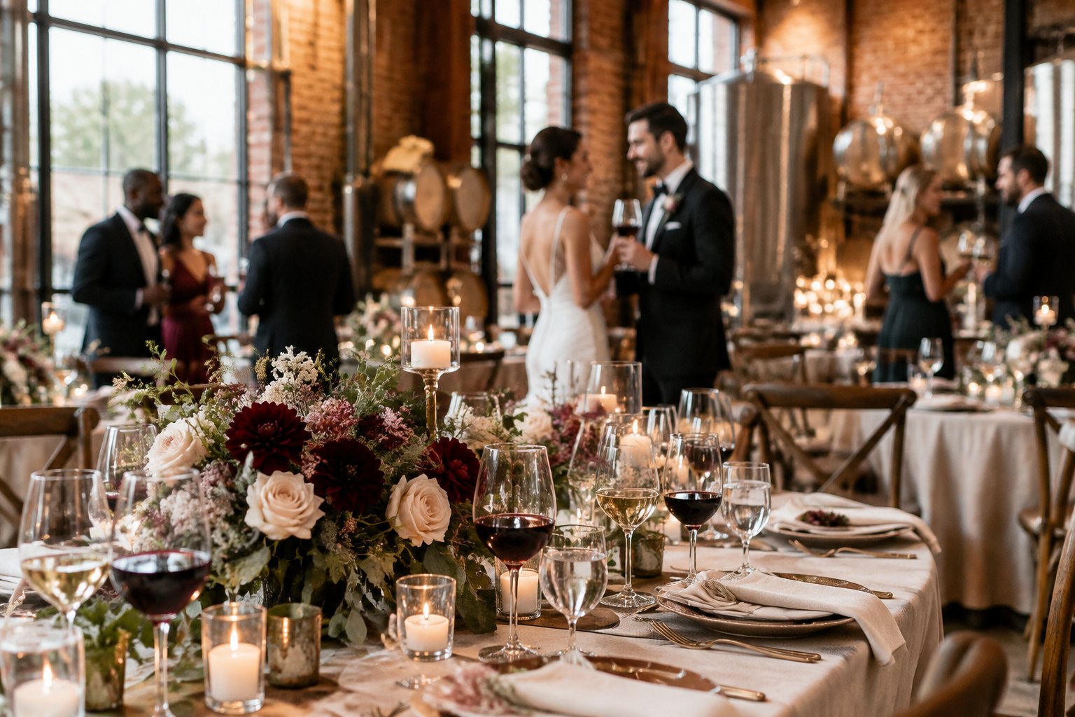 An elegant wedding reception table inside a sophisticated urban winery with guests celebrating in the background.