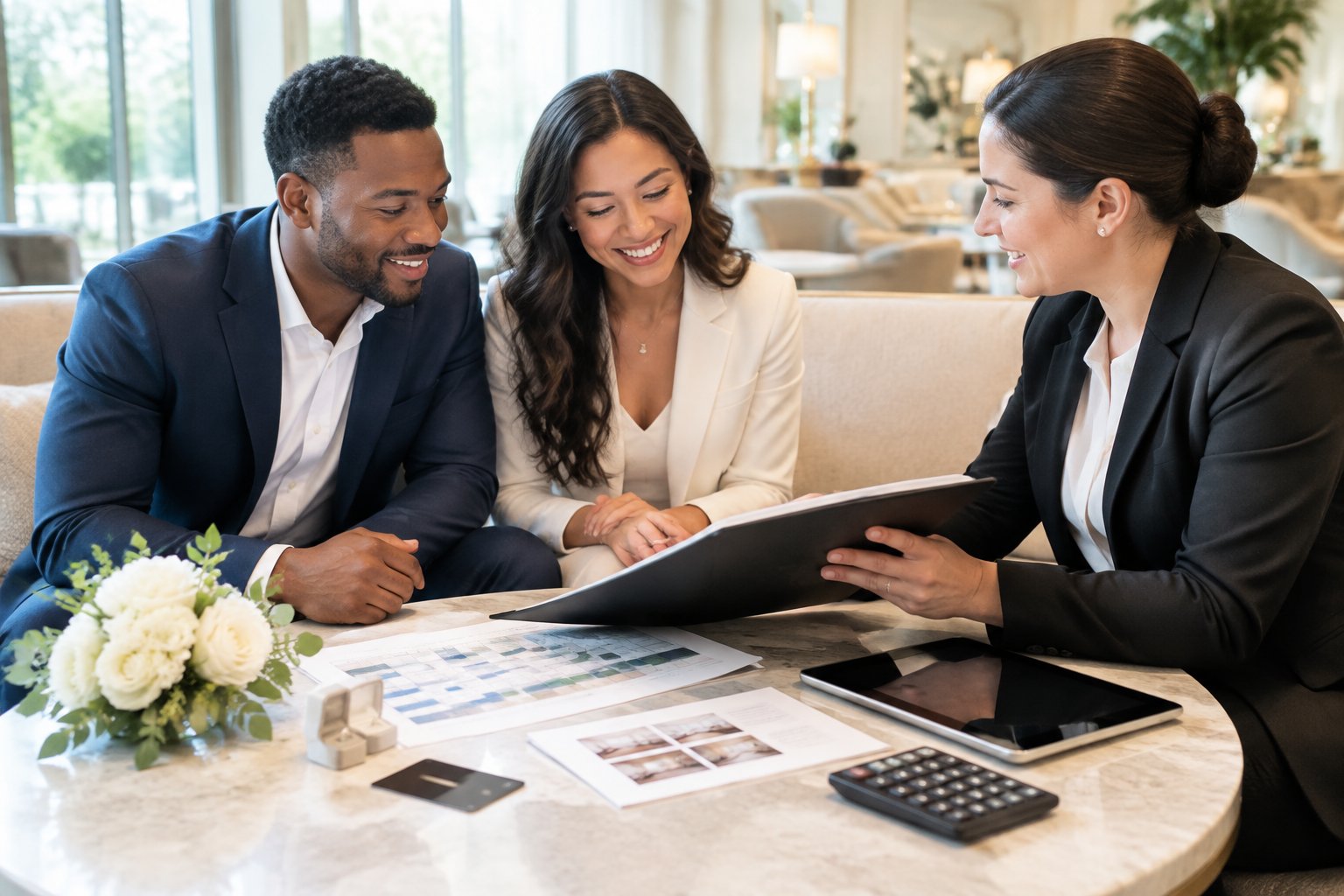 An engaged couple discusses hotel room reservations and costs with a hotel reservations manager.