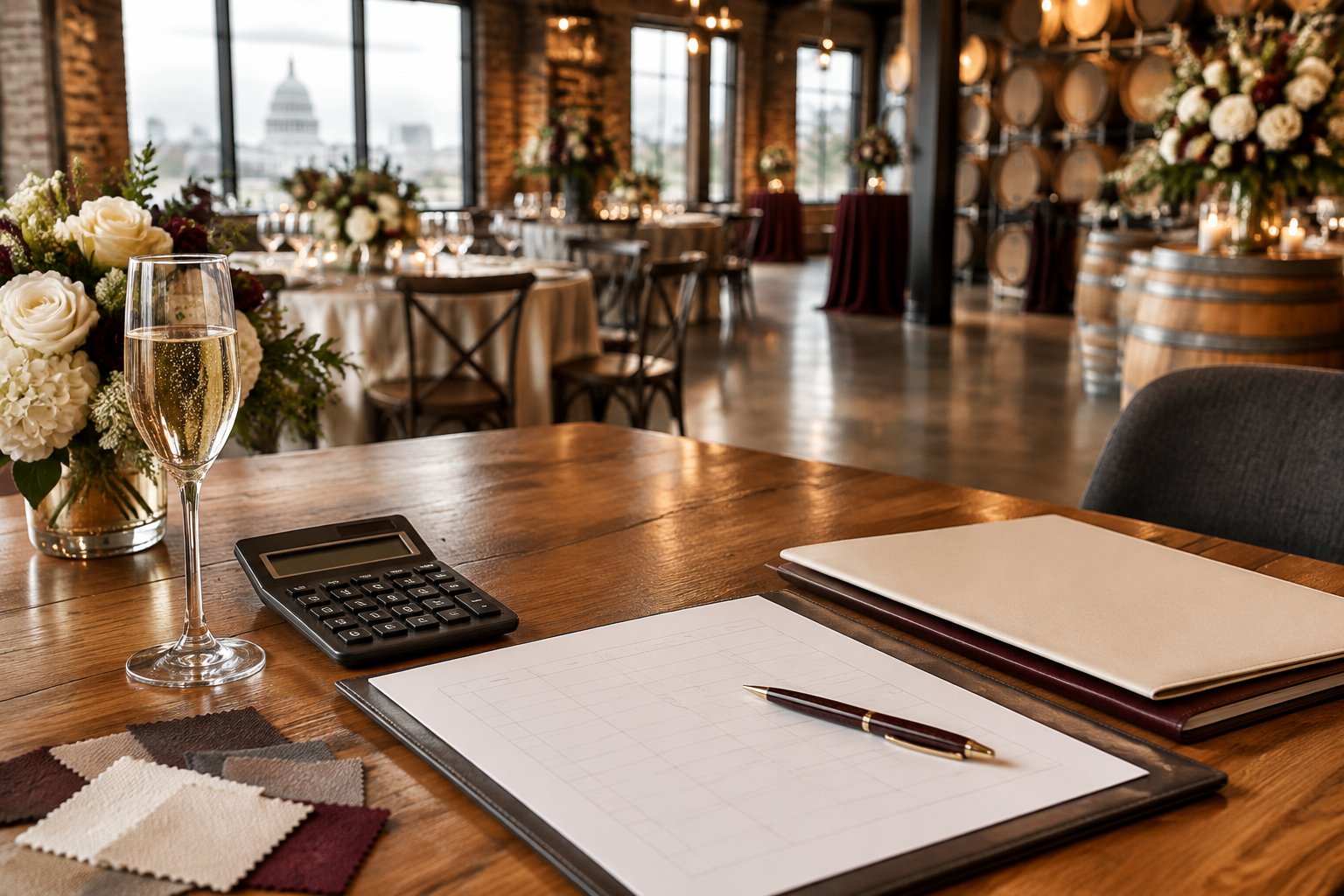 Wedding budget planning materials arranged on a table inside an elegant winery reception venue.