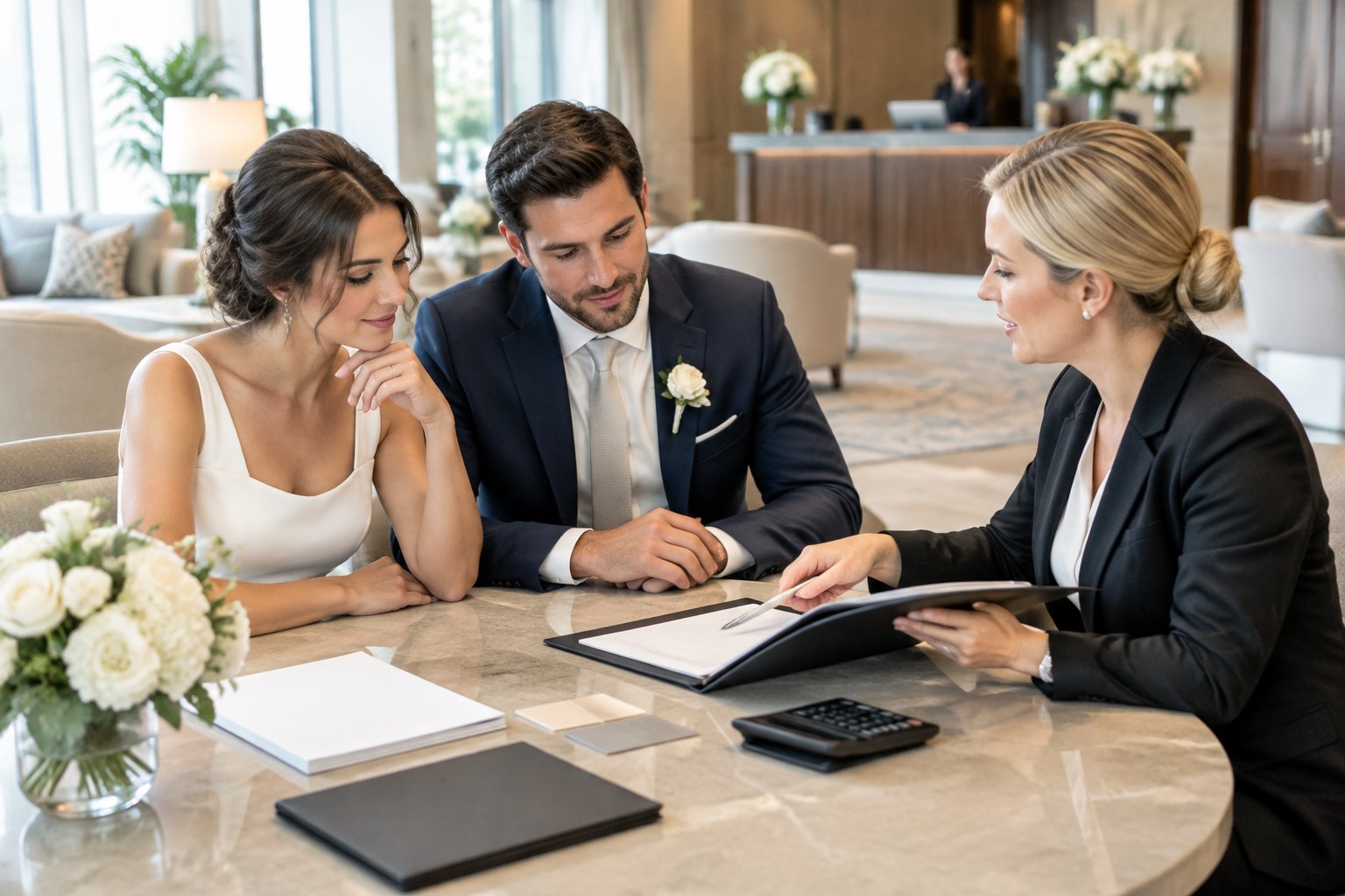 A couple discusses hotel room reservations and wedding costs with a hotel coordinator.