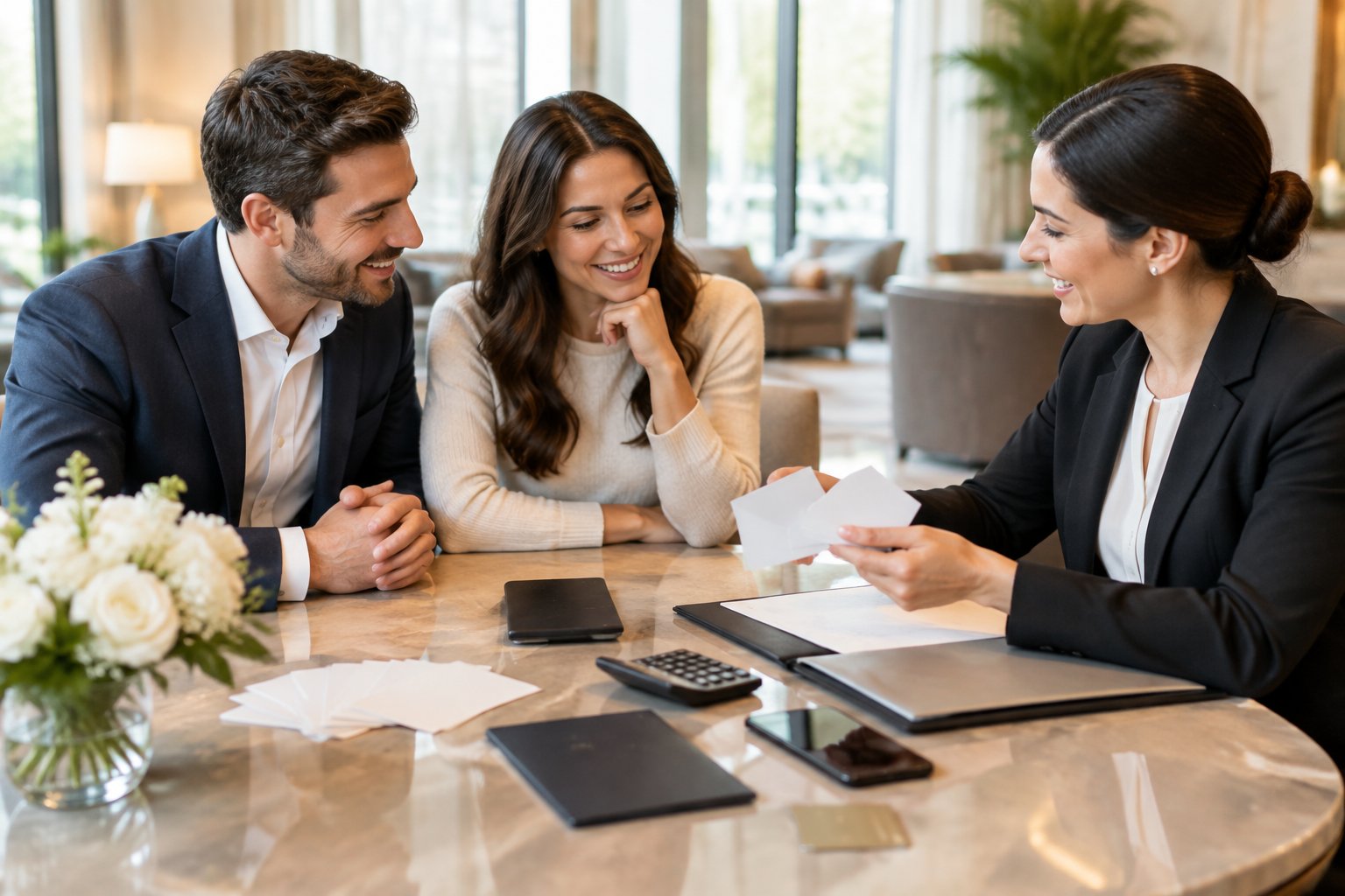 An engaged couple compares hotel room reservation options with a hotel event coordinator at a table.