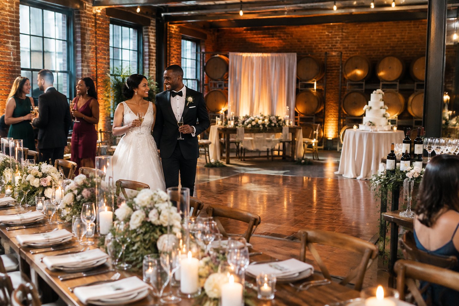 An elegant winery wedding reception with decorated tables, wine glasses, floral centerpieces, and a newlywed couple greeting guests.