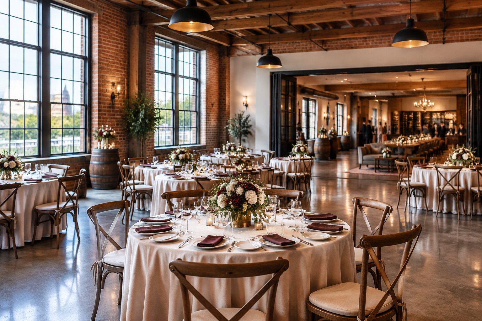 An elegant urban winery event space arranged for a wedding celebration, with dining tables and adjoining lounge areas.