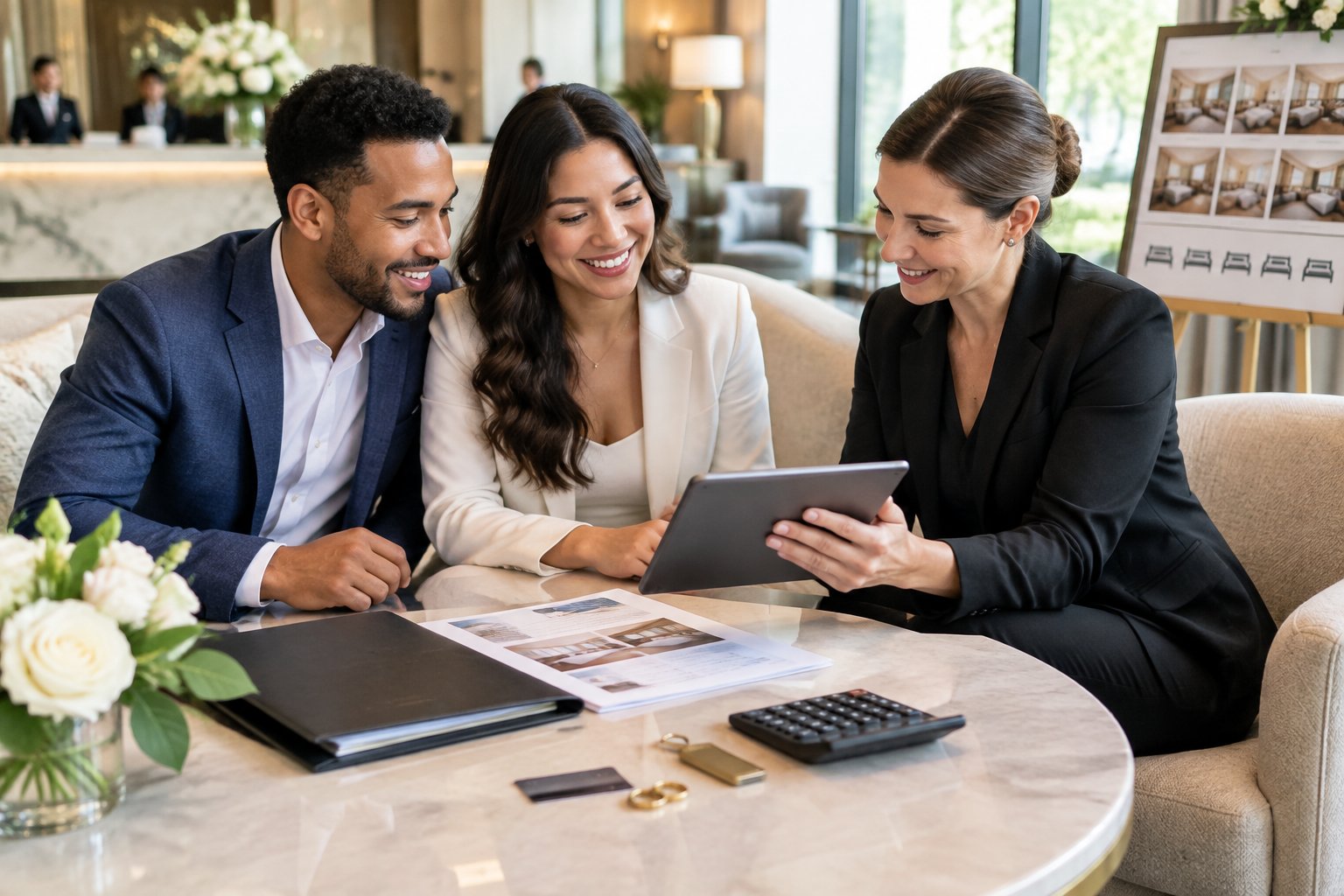 An engaged couple discusses hotel room reservations and wedding costs with a hotel event coordinator.
