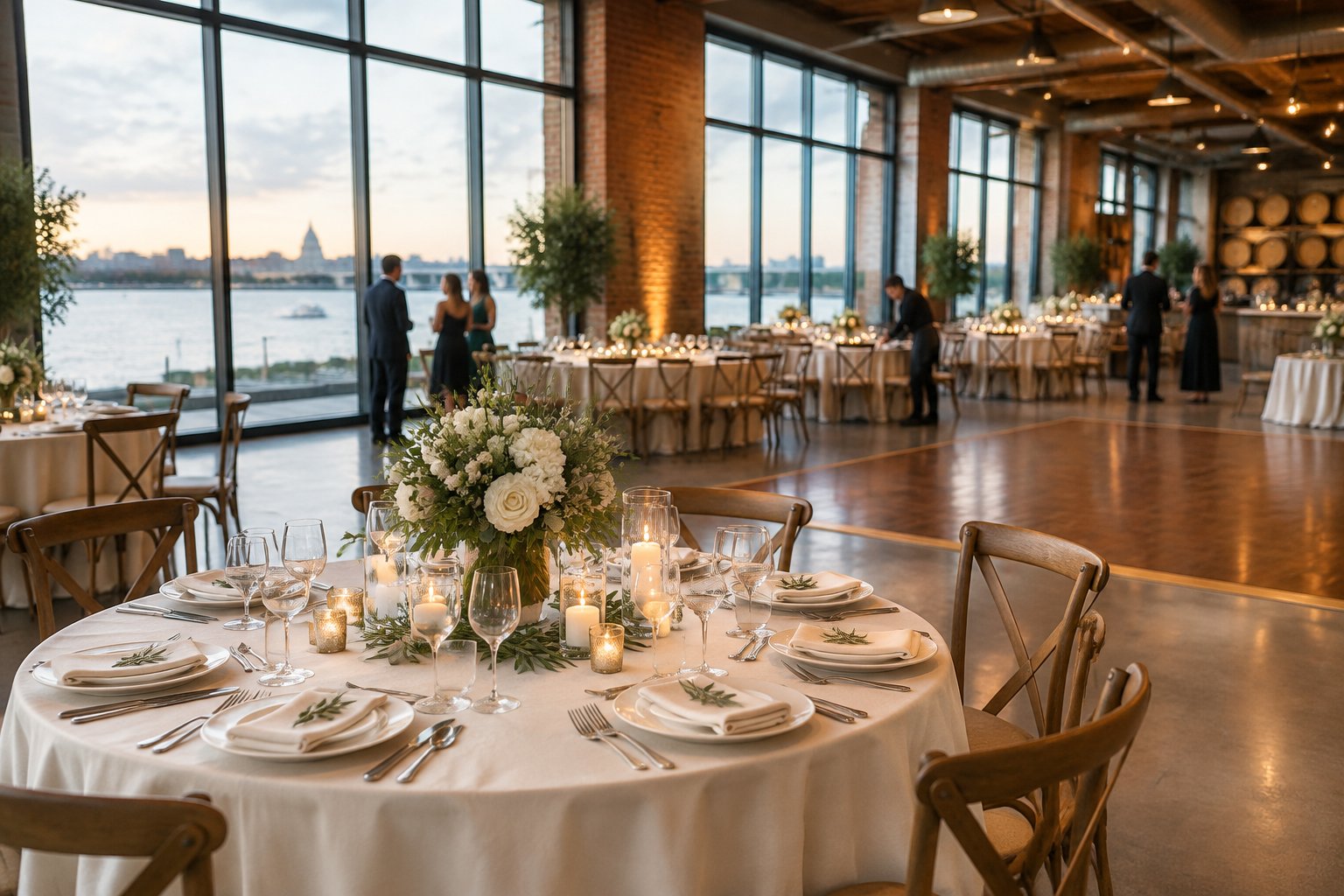 An elegant waterfront wedding reception setup inside a modern winery venue overlooking Washington, DC.