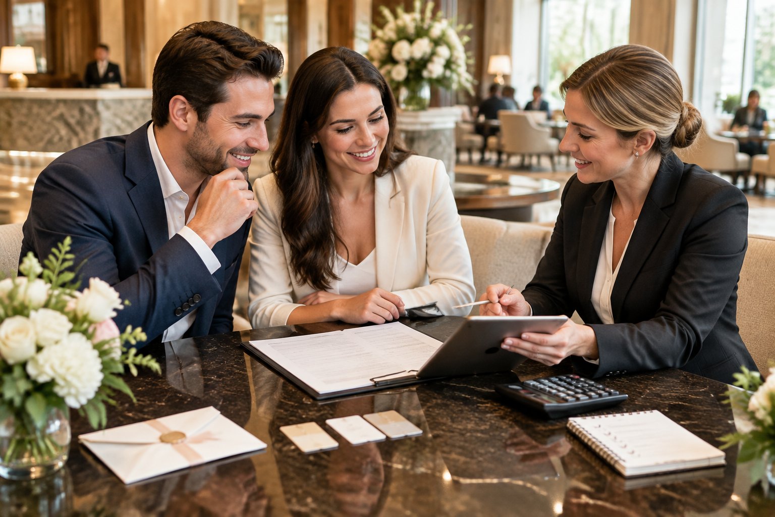 A couple discusses hotel room rates and booking terms with an events coordinator at a hotel table.