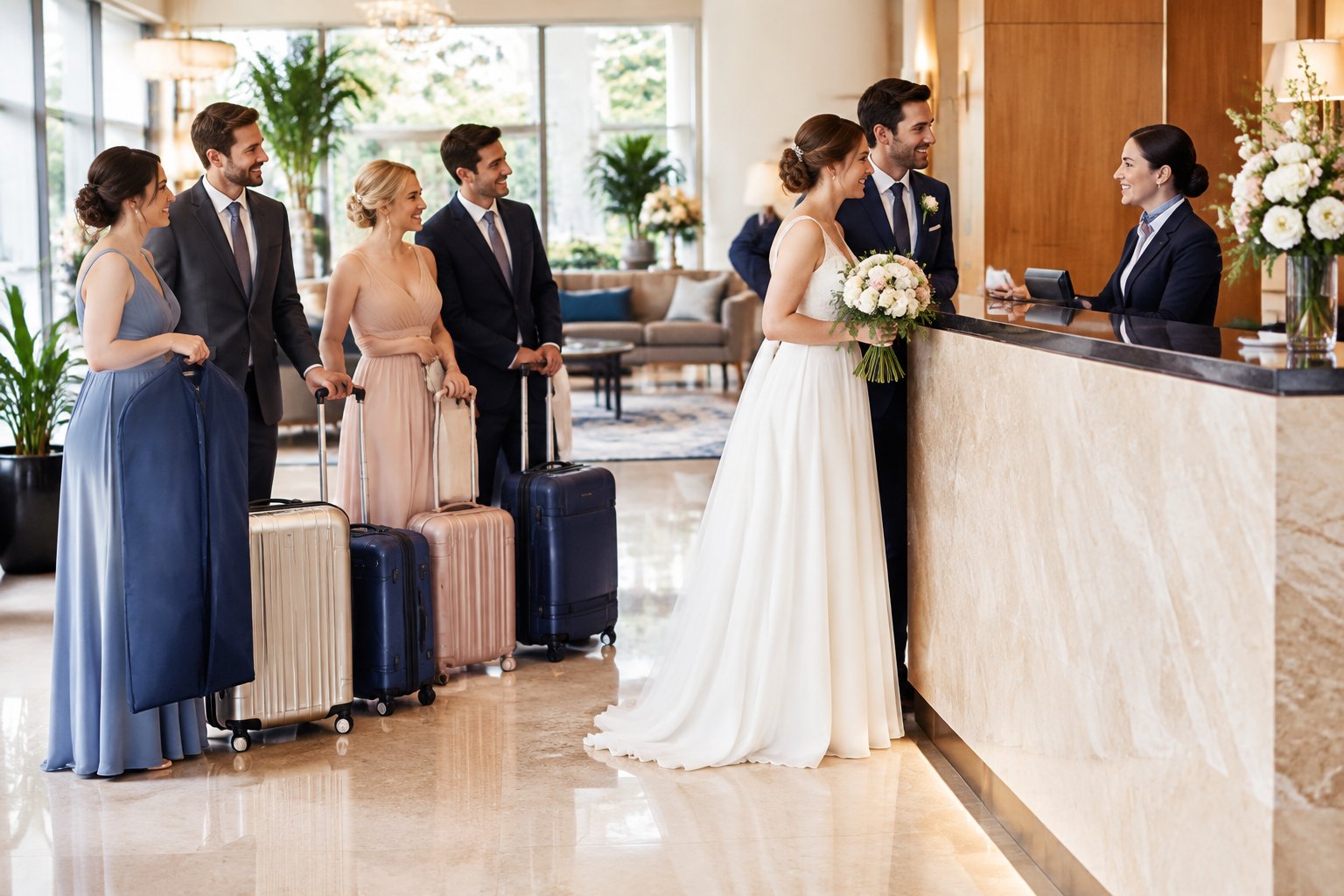 A couple speaks with a hotel concierge while wedding guests gather with luggage in a hotel lobby.