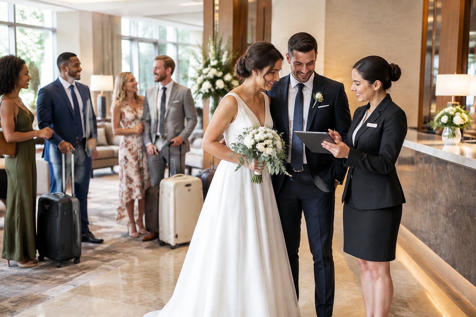 A couple discusses hotel accommodations with a staff member while wedding guests gather in an elegant hotel lobby.
