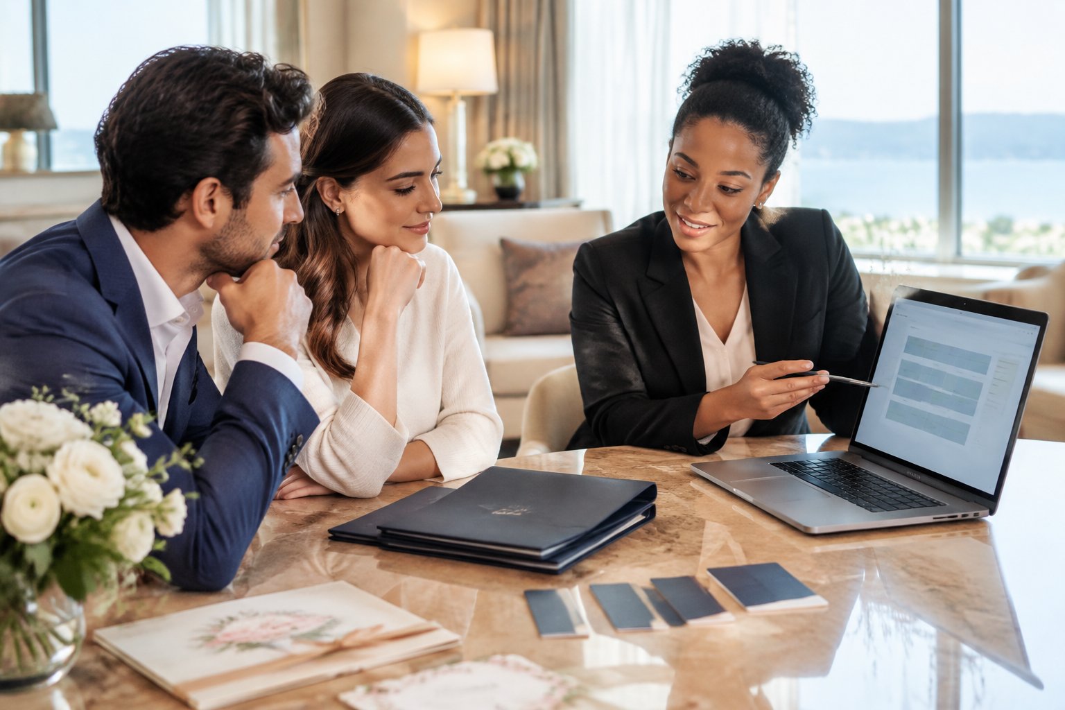 A couple discusses wedding hotel room arrangements with a hotel coordinator at a desk.