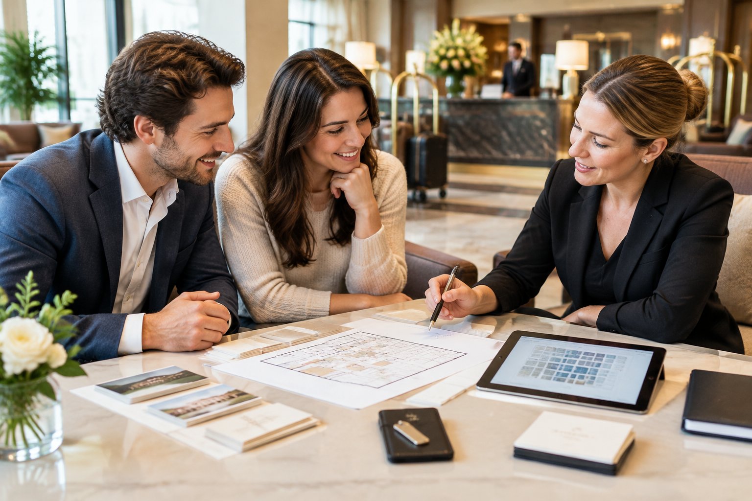 An engaged couple and a wedding planner review hotel room reservation plans in an elegant lobby.