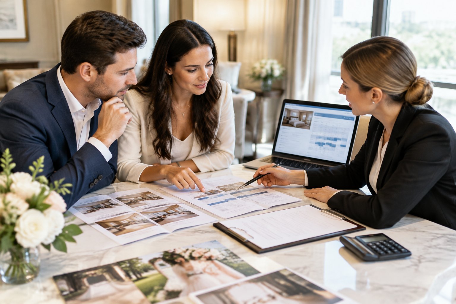 A couple reviews hotel room options and contract papers with an event coordinator at a meeting table.