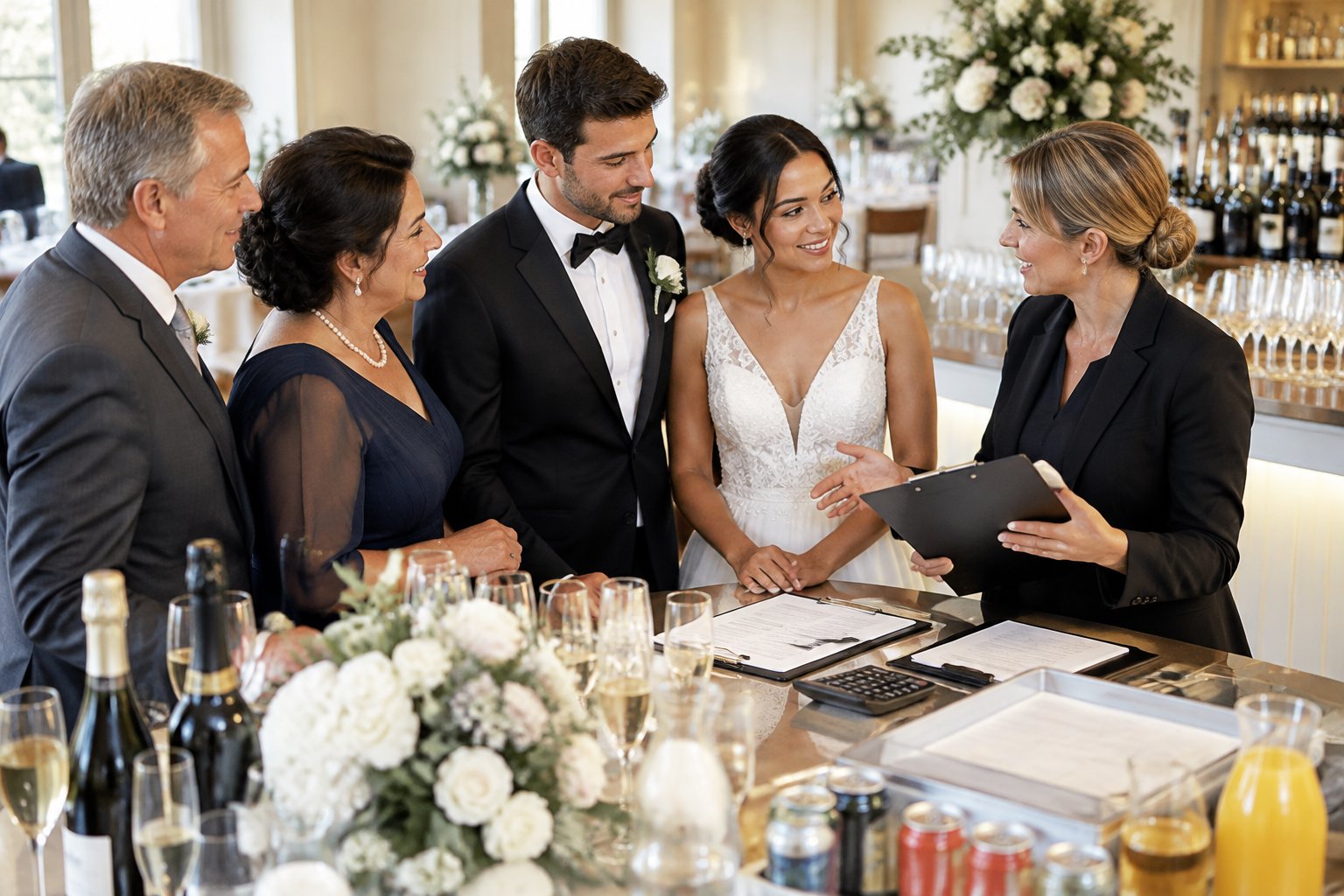 A couple and the groom's parents discuss wedding beverage arrangements with a coordinator at a reception venue.