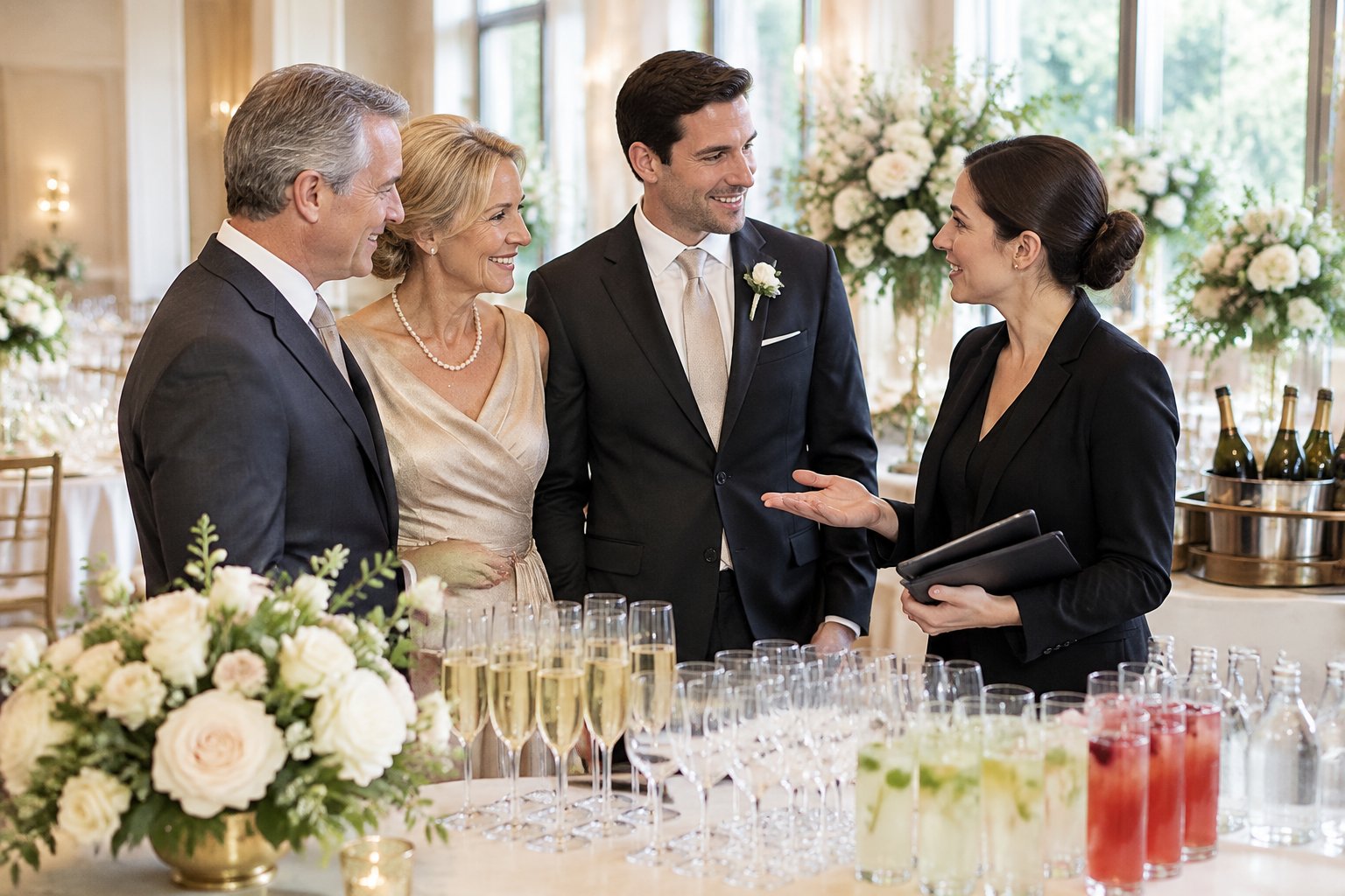 The groom’s parents discuss wedding beverages with the couple and a venue coordinator beside an elegant reception drink station.