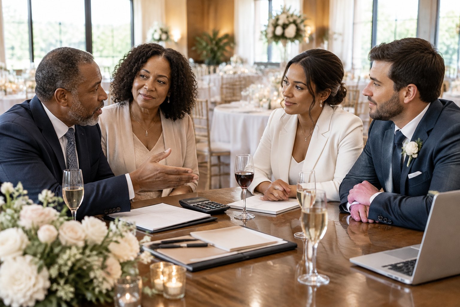 A couple discusses wedding bar expenses with their parents at a reception planning table.