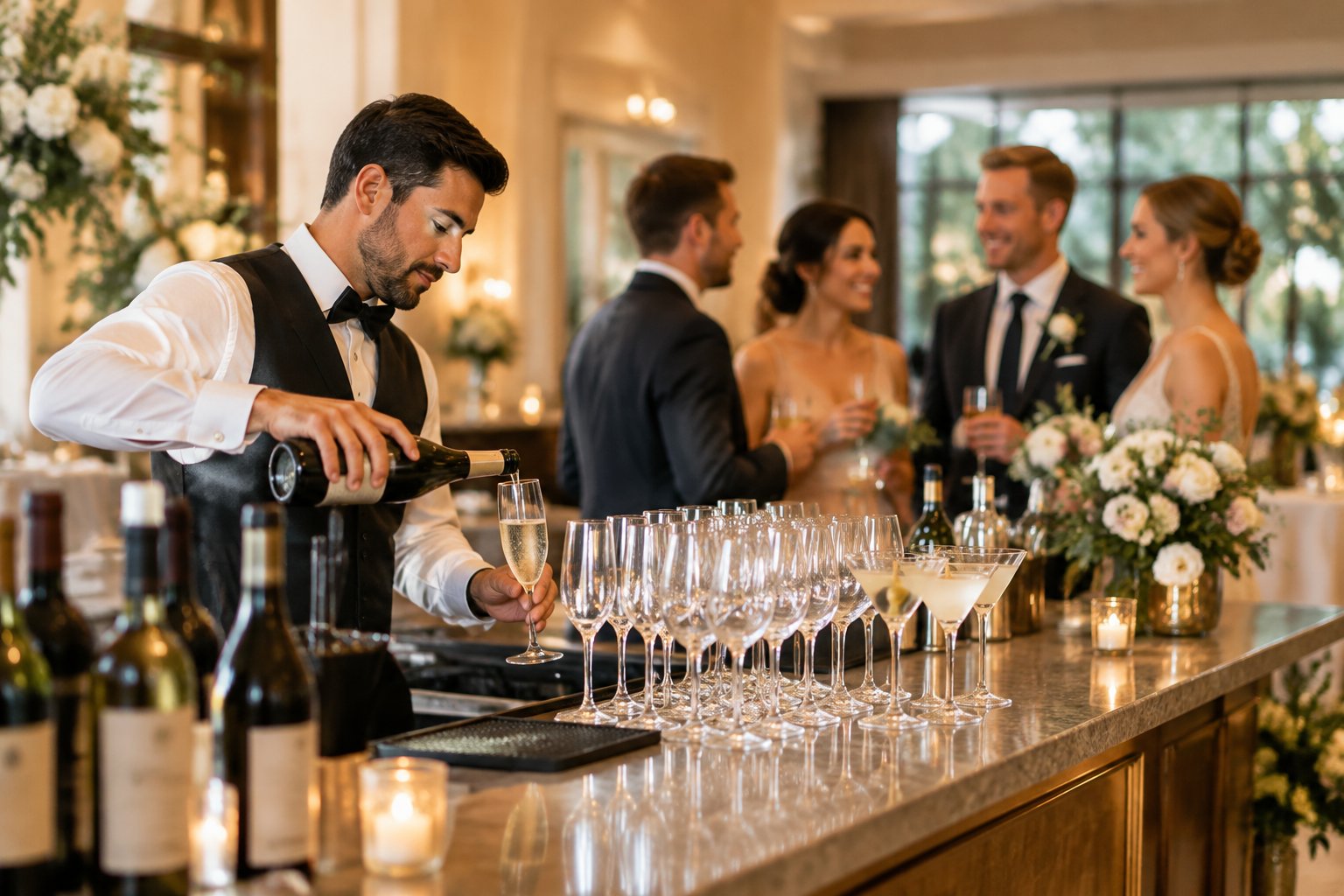 A bartender prepares drinks at an elegant wedding reception bar while guests socialize in the background.