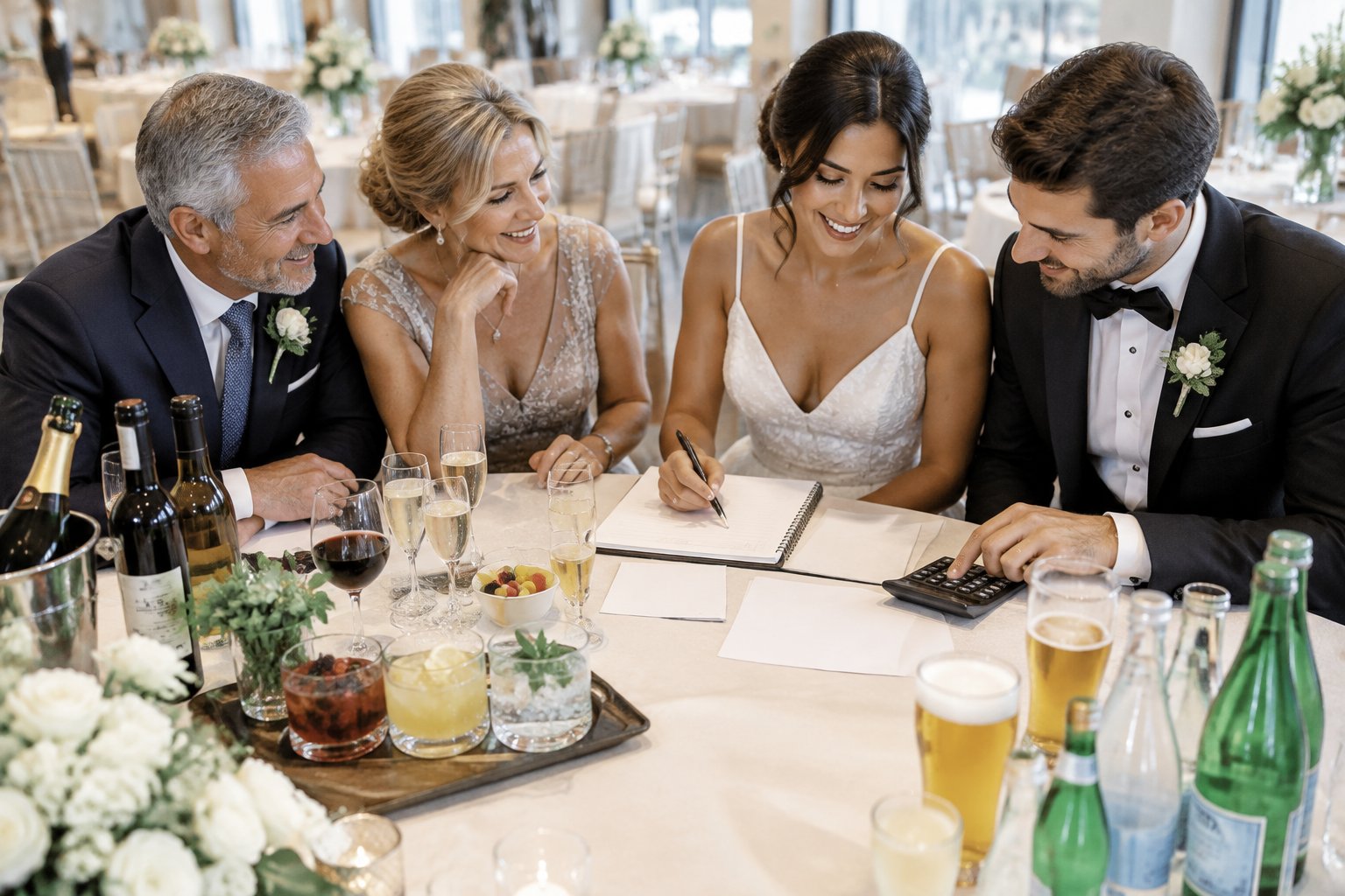 A couple and the groom’s parents review wedding drink costs together at a reception table.