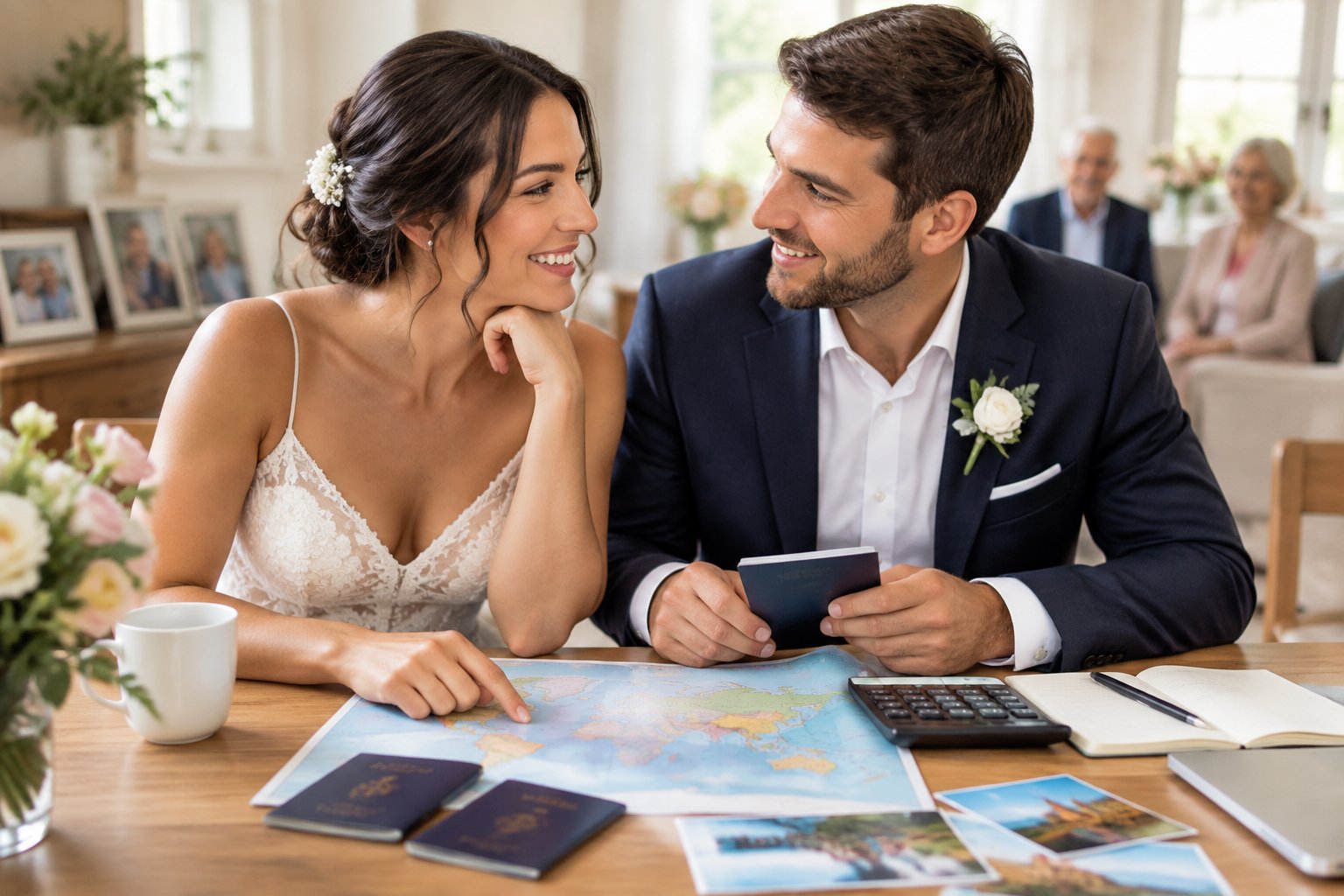 A newlywed couple reviews honeymoon plans and finances at a table while family members are visible in the background.