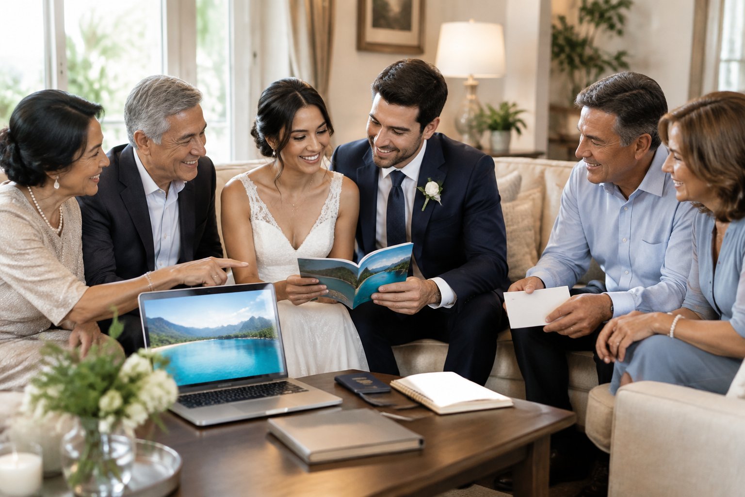 A newlywed couple discusses honeymoon plans with both families in an elegant living room.