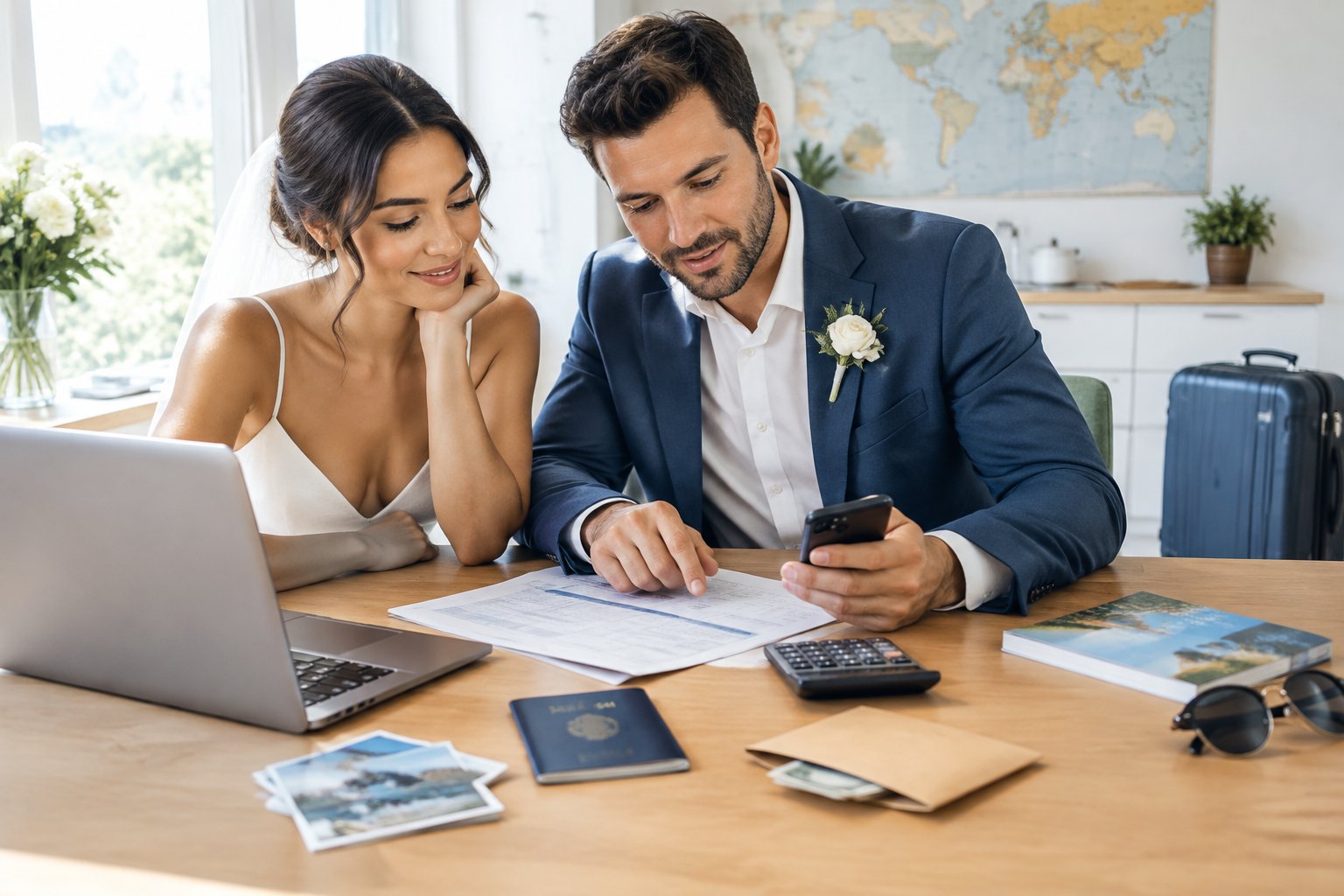 A newlywed couple reviews honeymoon plans and a shared travel budget at a table.
