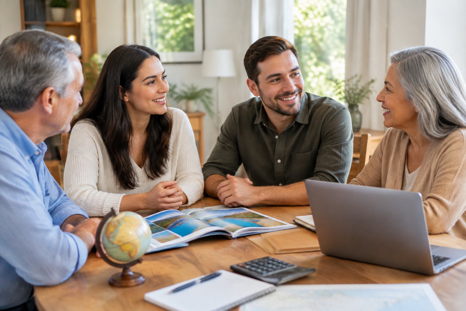 A newlywed couple discusses honeymoon budgeting with supportive family members around a dining table.