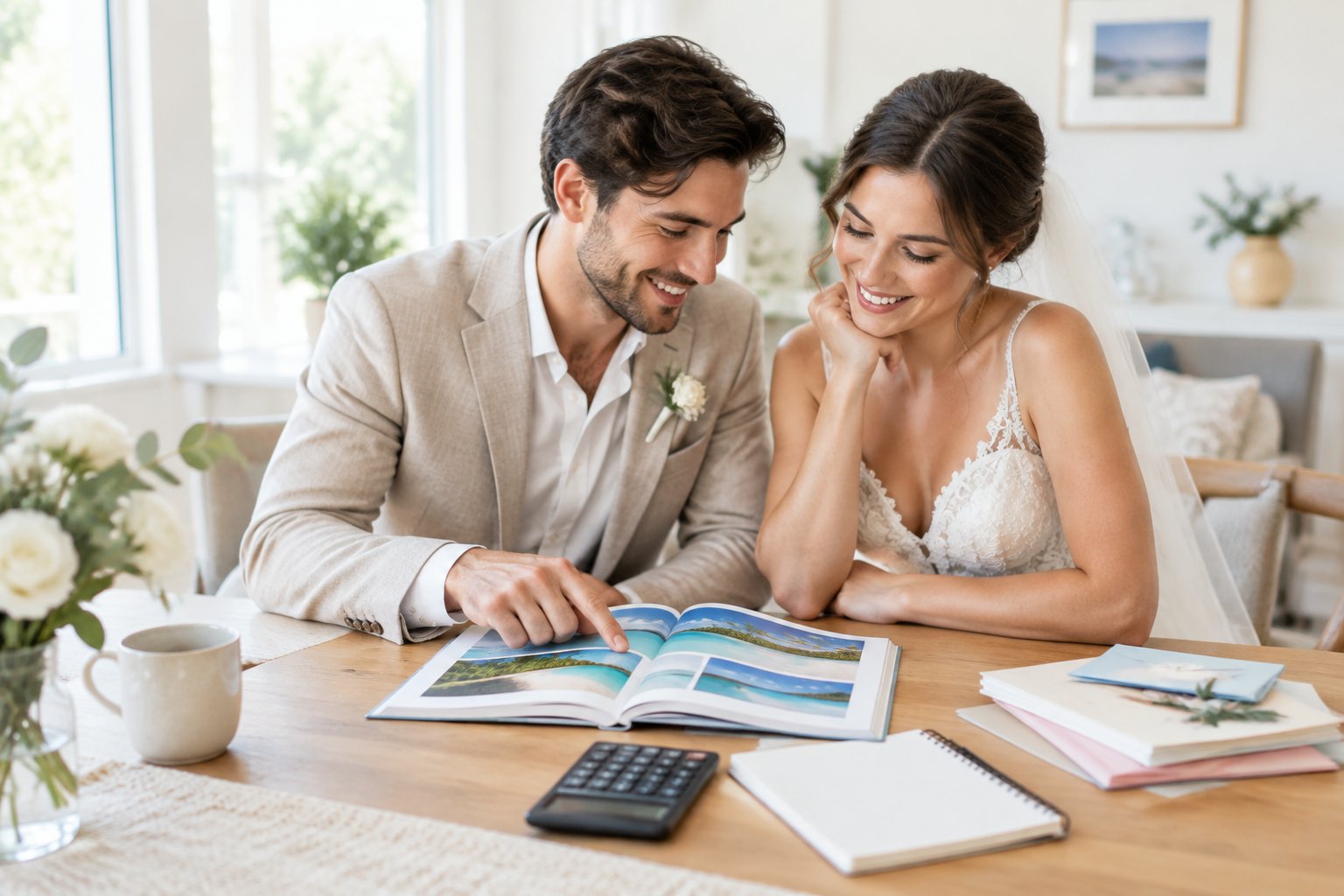 Newlywed couple planning a honeymoon together with travel materials and financial envelopes on a table.
