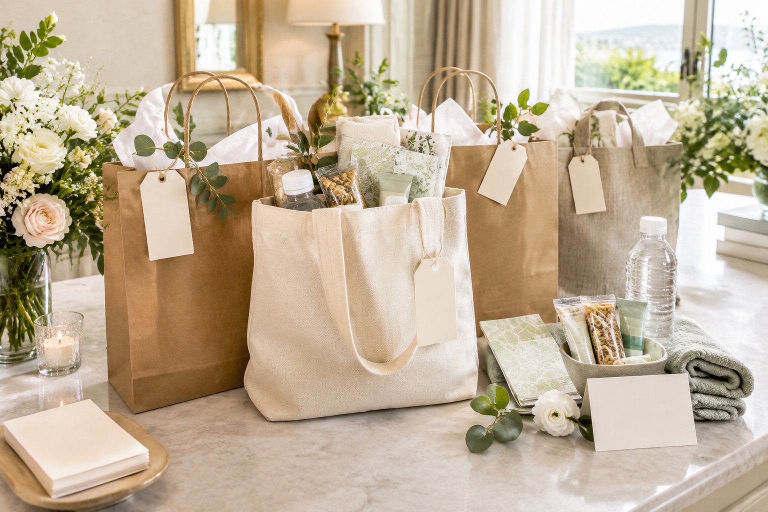 Wedding welcome bags and guest essentials arranged on an elegant entry table.