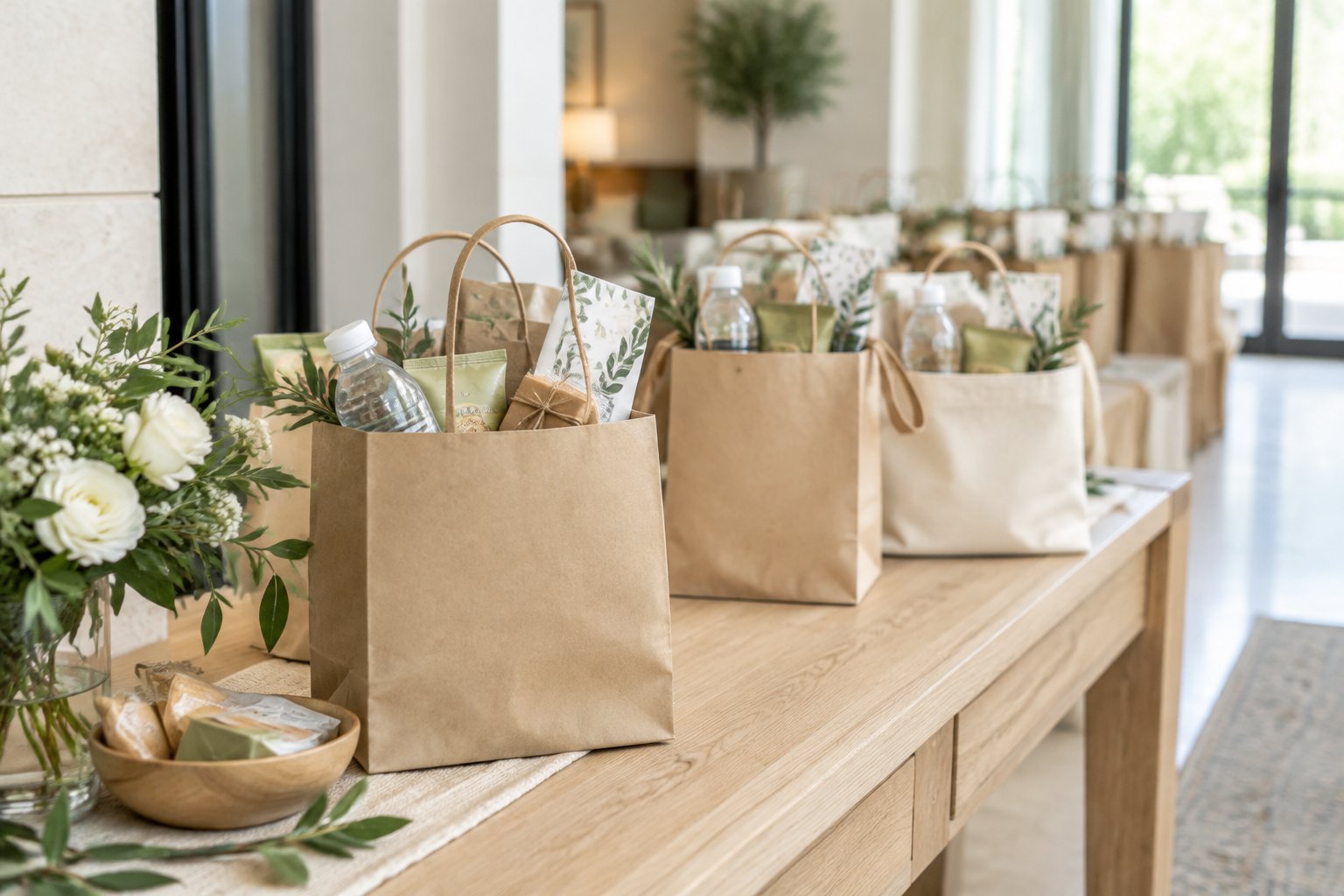Wedding welcome bags arranged on a table in an elegant reception area.