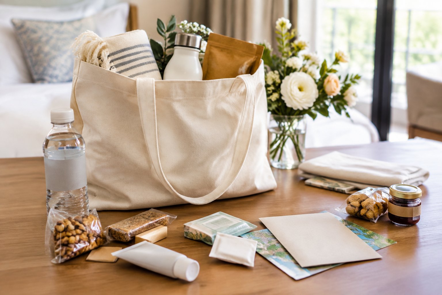 An open welcome bag filled with practical items sits on a table at a wedding venue.