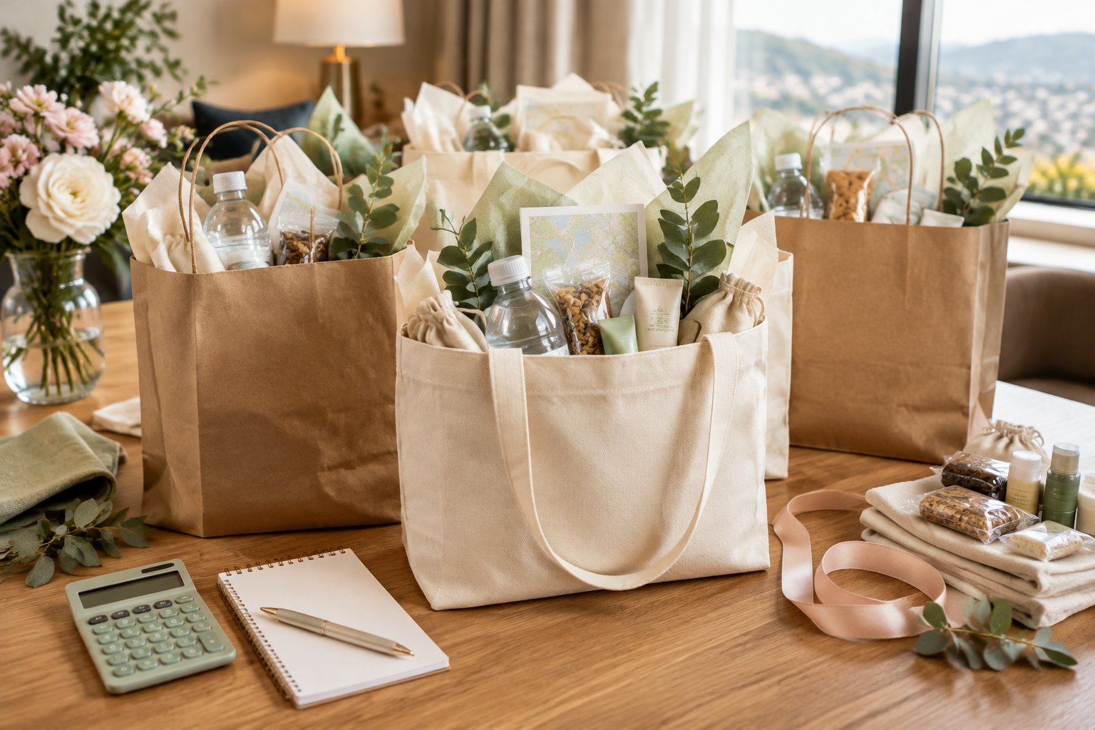 Wedding welcome bags arranged with snacks, water, toiletries, and planning supplies on a table.