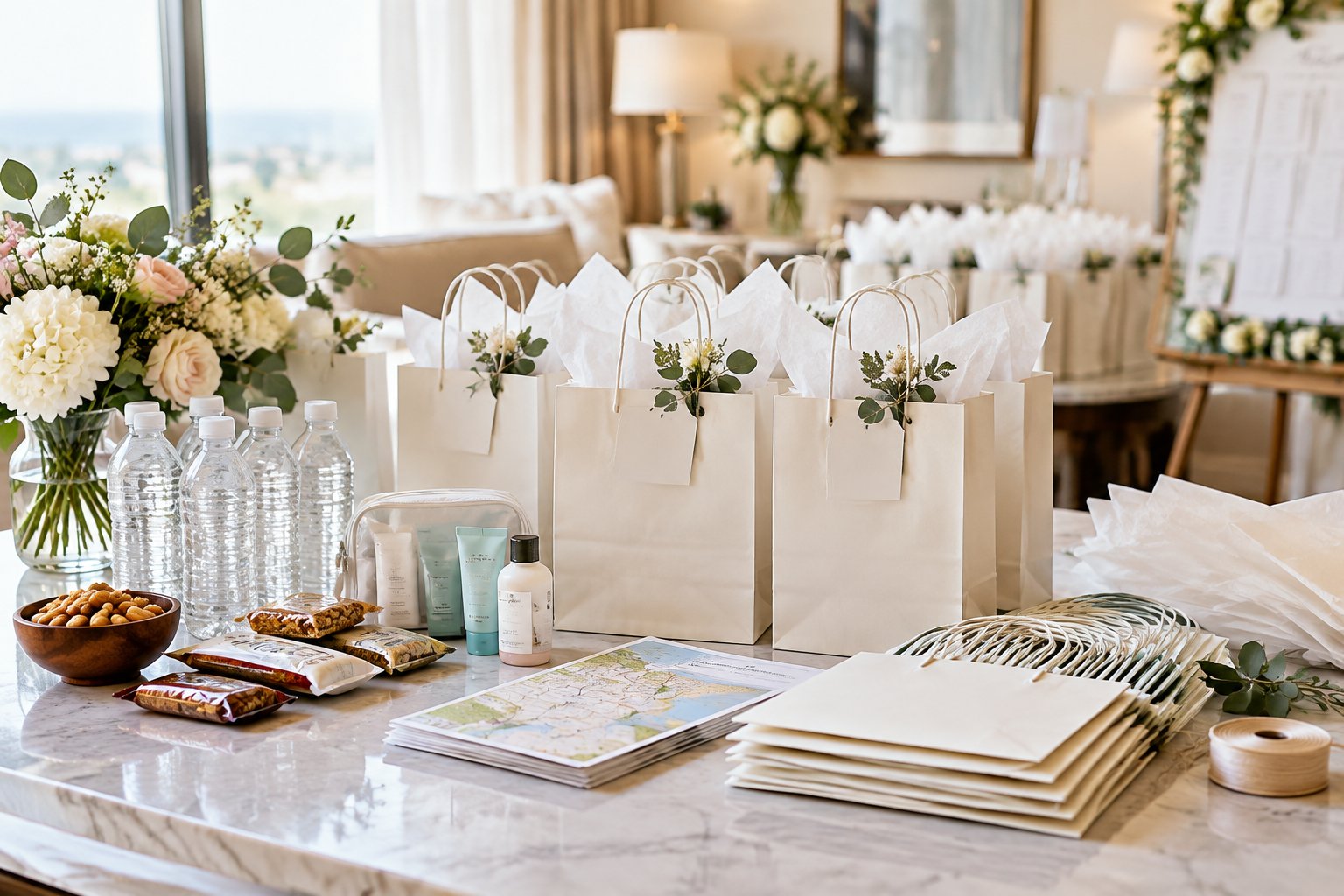Wedding welcome bags and supplies arranged on a table in an elegant preparation space.