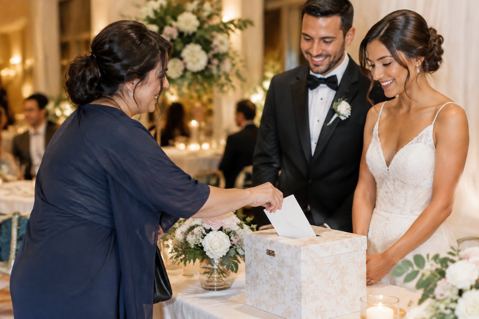 A wedding guest places a monetary gift in an envelope at a decorated reception table.