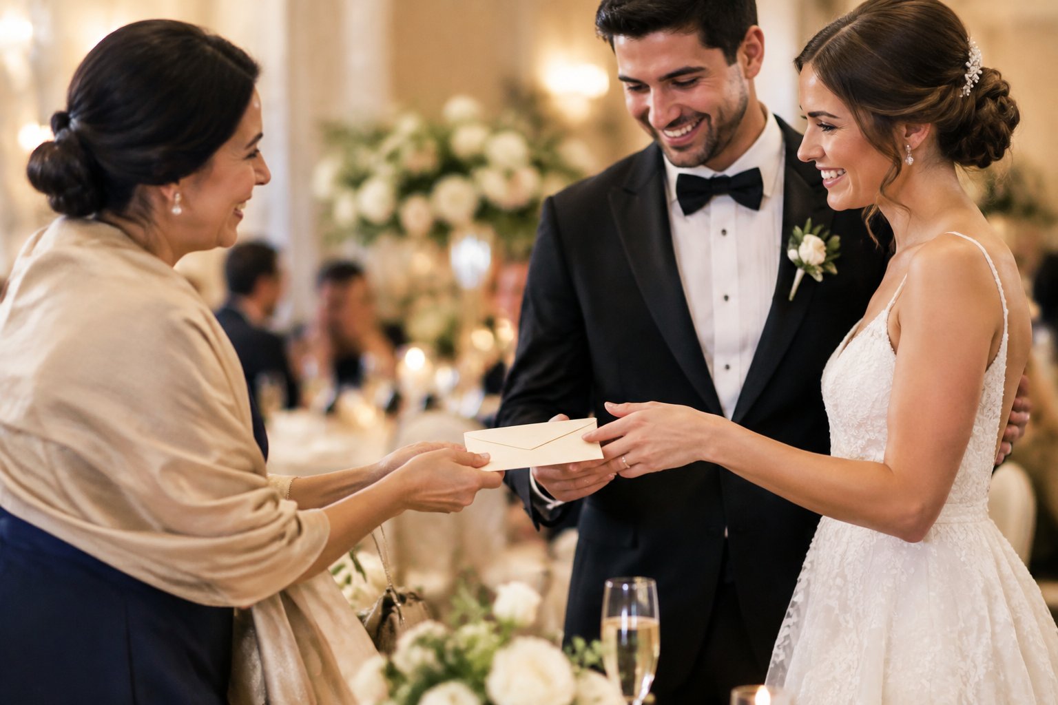 A wedding guest gives a newlywed couple an envelope during a warmly decorated reception.