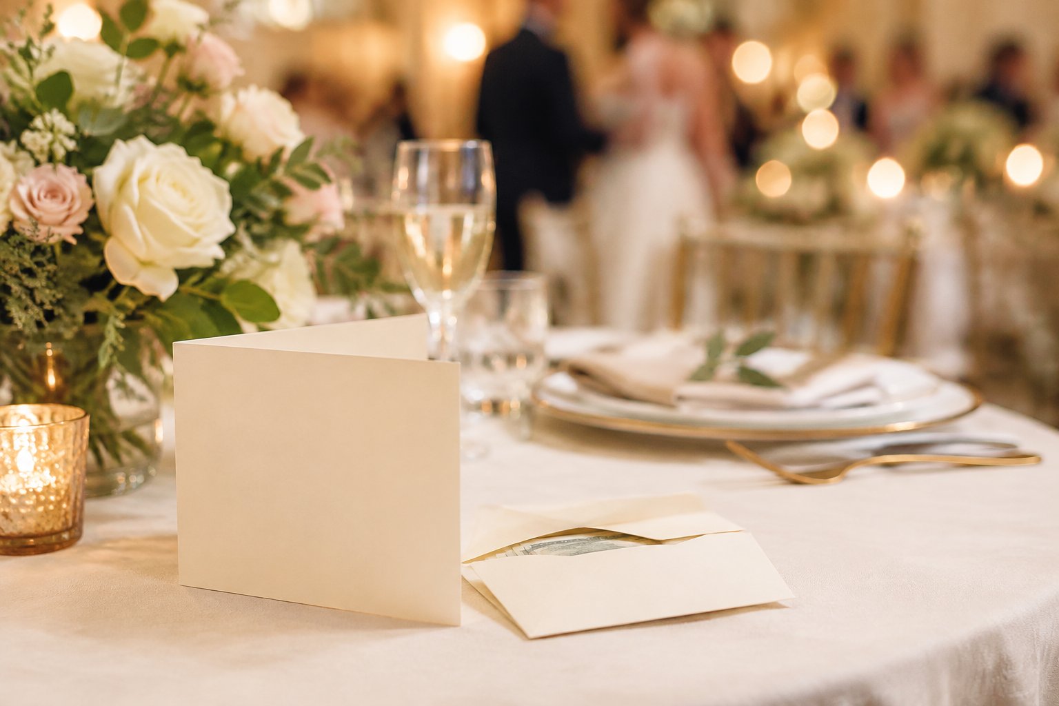 An elegant wedding reception table with a greeting card and gift envelope beside flowers and tableware.