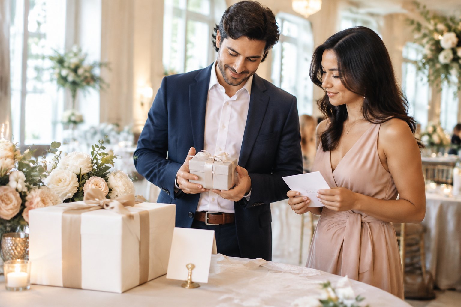 Wedding guests consider giving an envelope or a wrapped gift at an elegant reception table.
