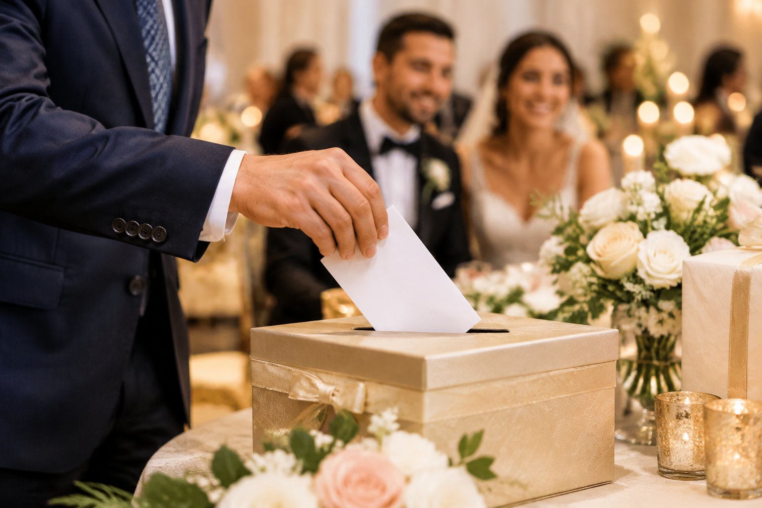 A wedding guest discreetly places a monetary gift into an elegant card box at a warmly decorated reception.