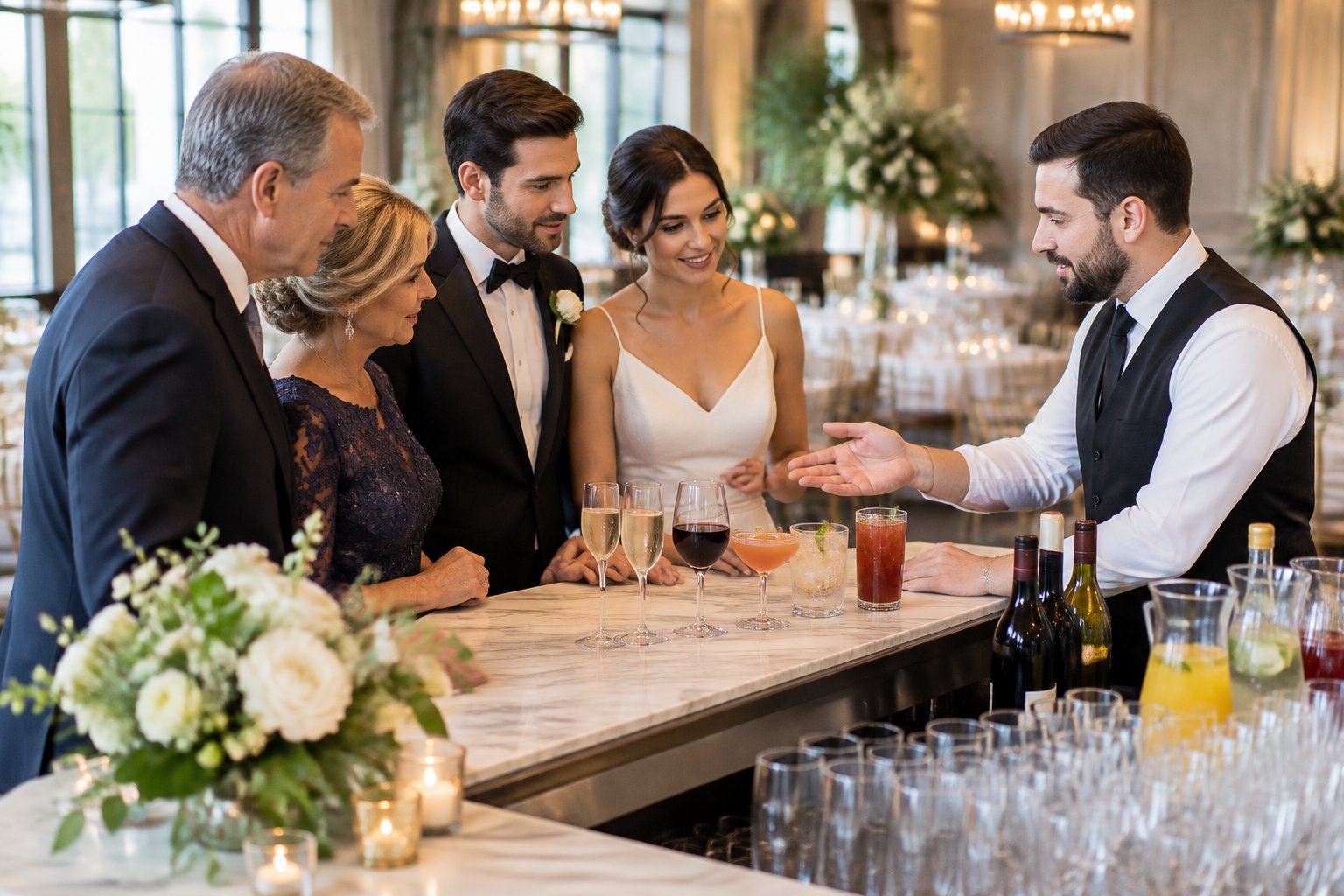 A couple discusses wedding bar arrangements with family members and a bartender at an elegant reception.