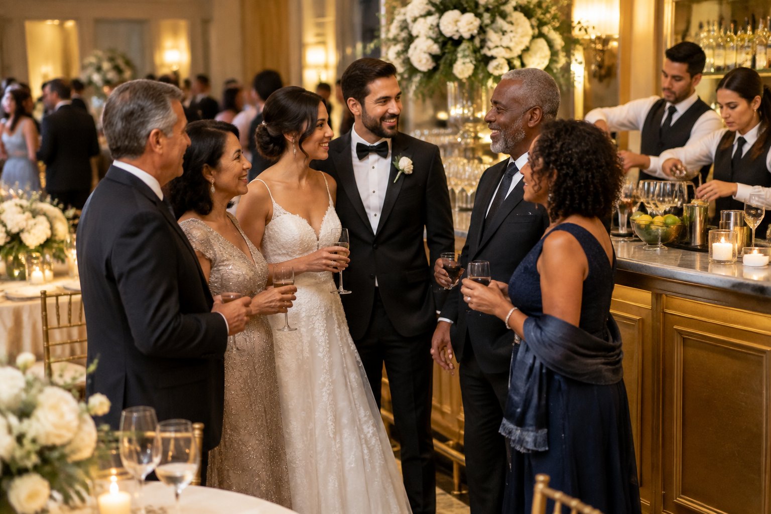 A bride, groom, and family members discuss arrangements beside a staffed wedding reception bar.