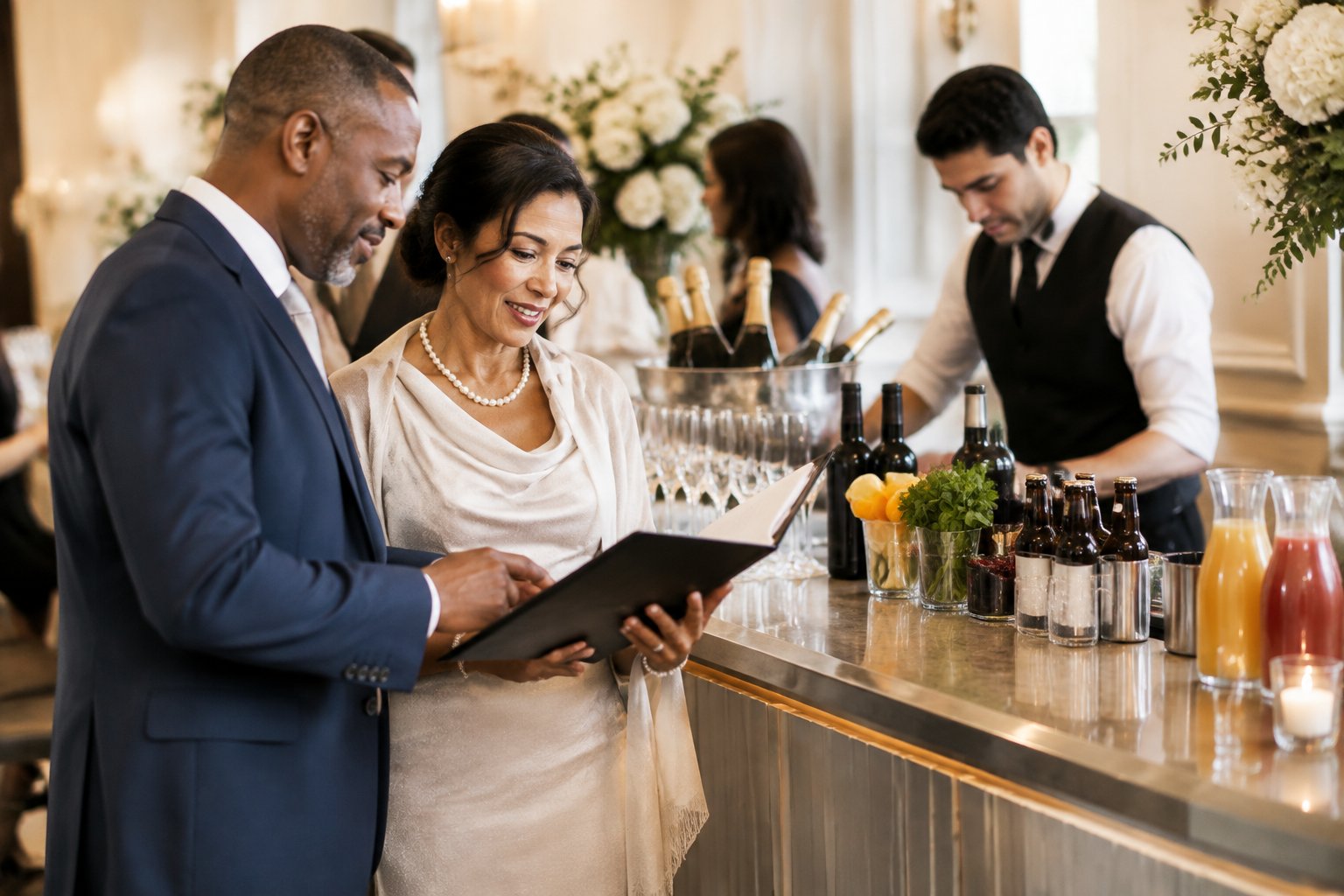 A bartender prepares drinks at an elegant wedding reception while family members discuss the beverage arrangements.