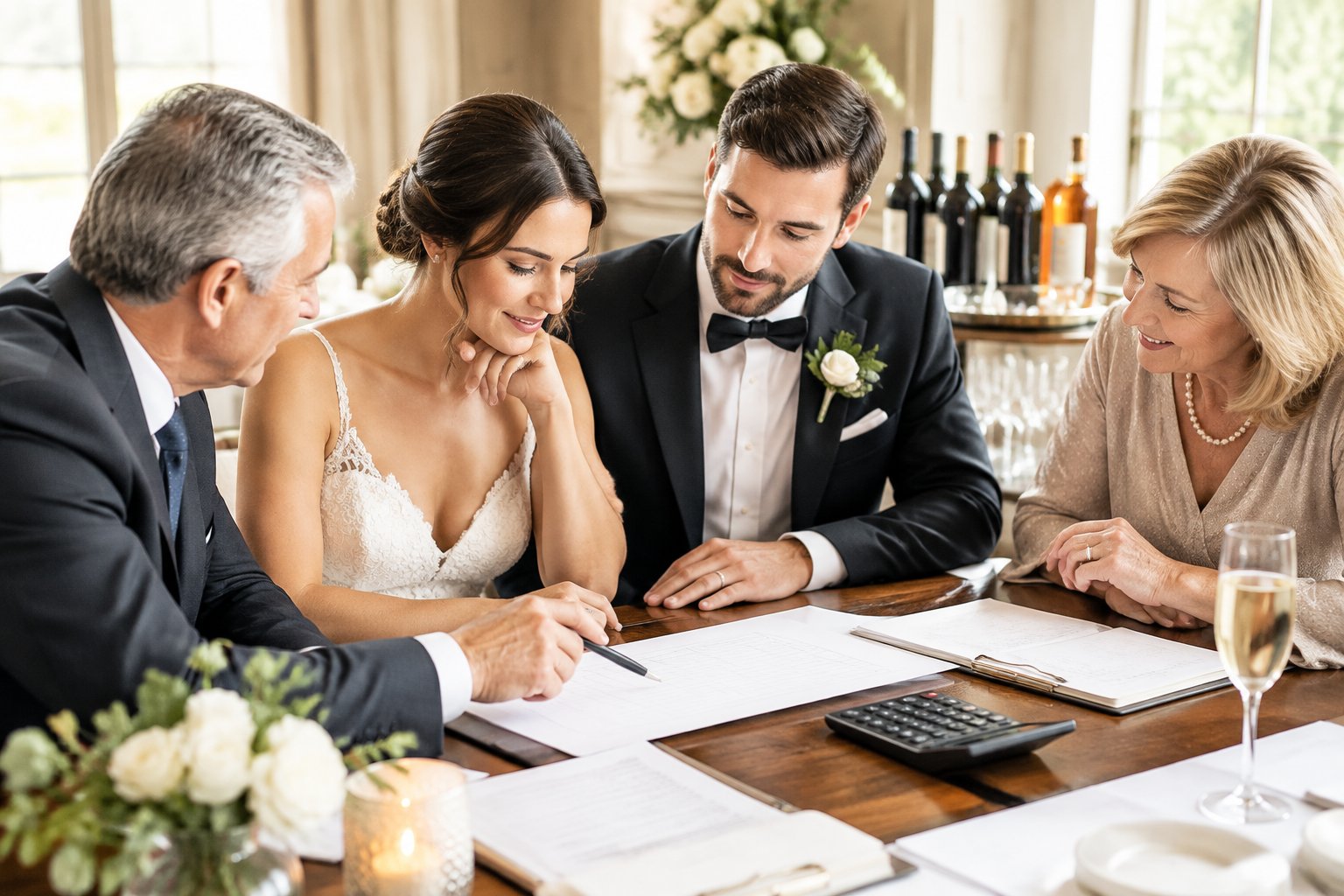 A couple and their families discuss a wedding reception bar budget at a table.