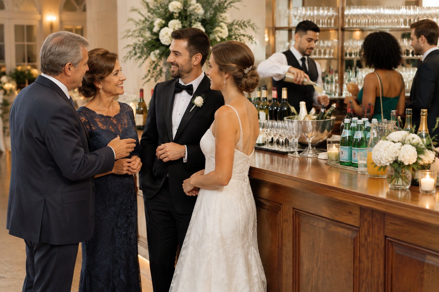 A wedding couple discusses the reception bar with family members beside an elegantly arranged drink station.