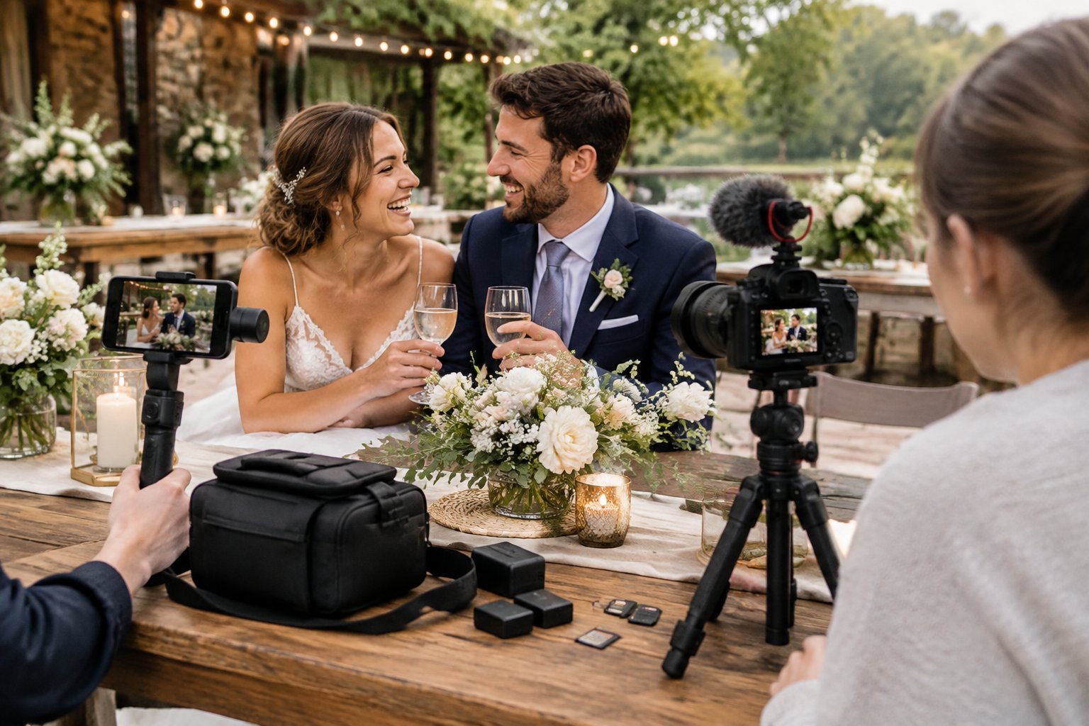 A newlywed couple smiles at an outdoor reception while a guest records them with a camera on a tripod.